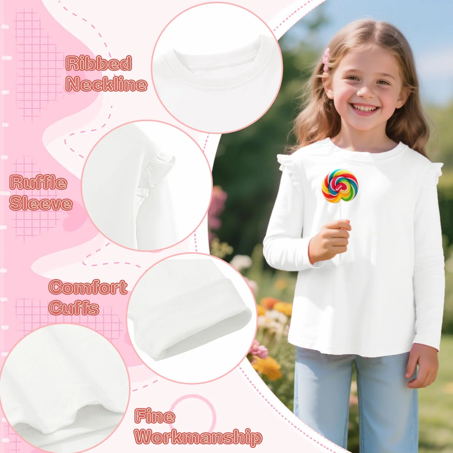 JinBei T-shirt Fille Coton Col Rond Manches Longues Volanté Doux Tops Couleurs Unies Enfants 4-11 Ans