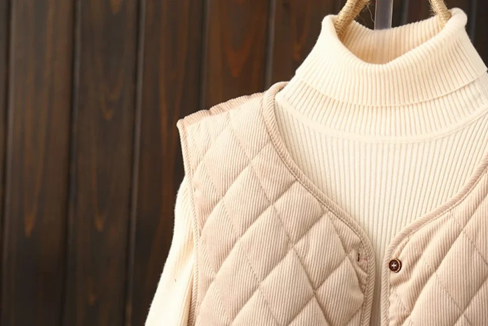Gilet sans Manche Femme Velours Côtelé Noir Lâche Transition Chaud Hiver Manteau