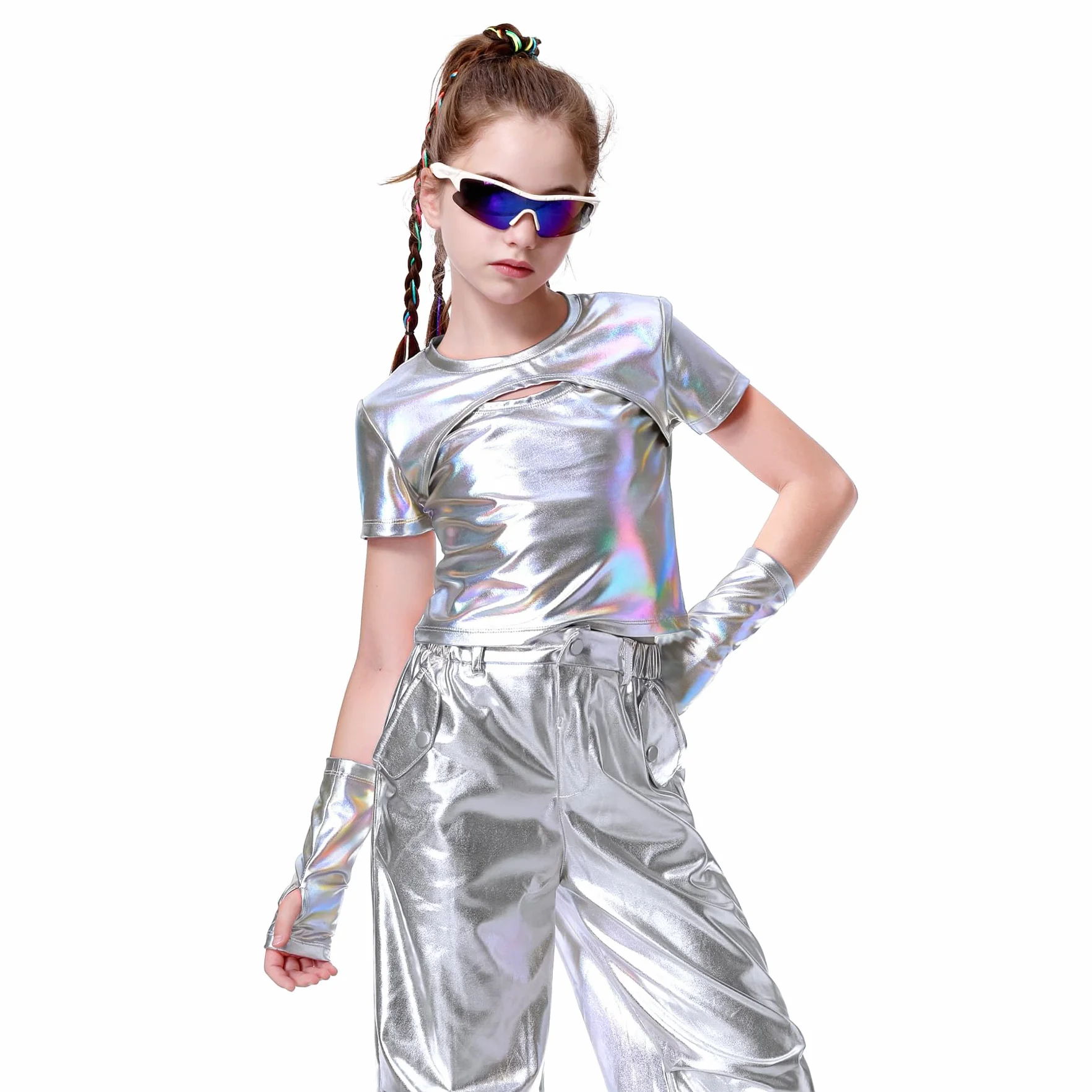 LOLANTA Haut Metallisé Enfant Fille Crop Top Danse Tenue Hip-hop Latine Jazz Spectacle Carnaval Fête Brillant Disco T-Shirt Manches Courtes