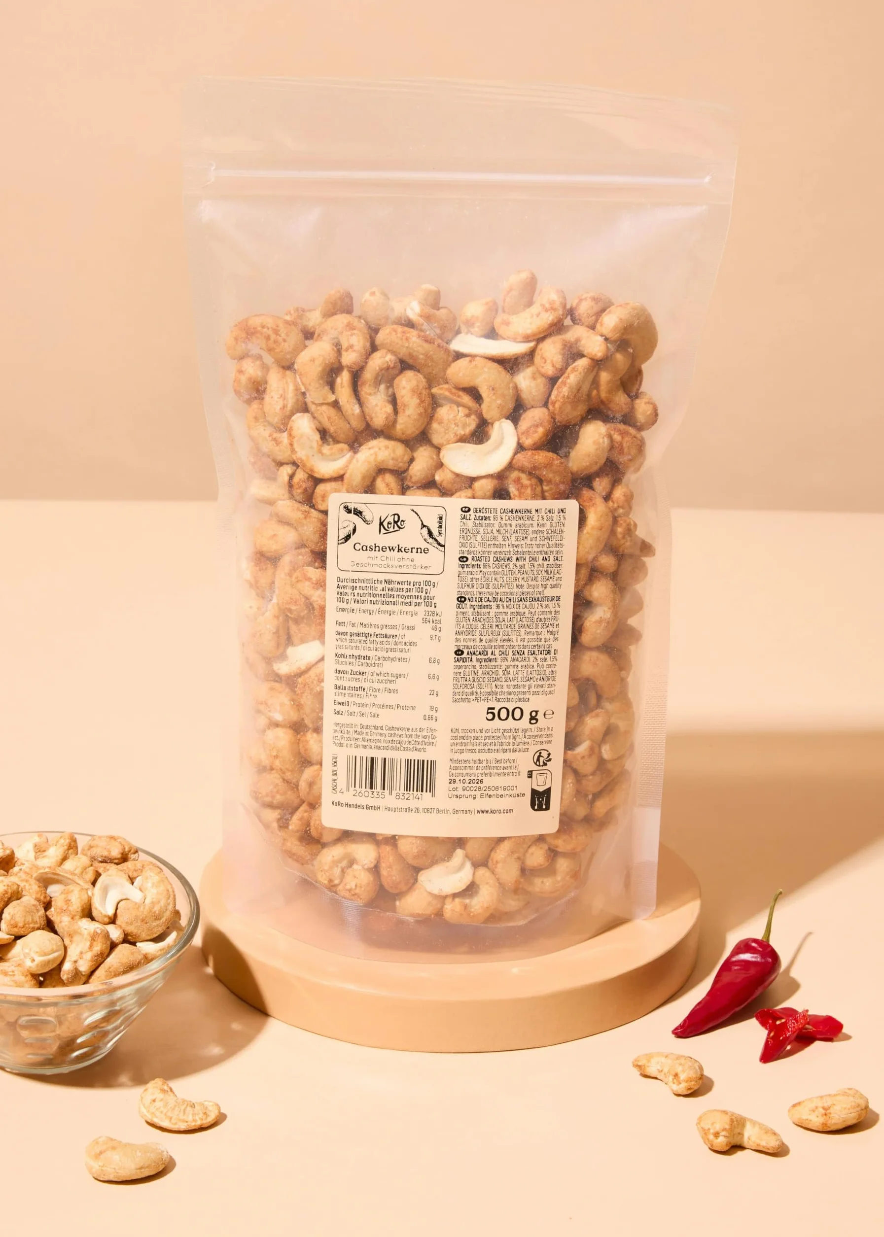 KoRo - Noix de cajou au piment 500 g - Snack épicé à base de noix de cajou et de poudre de chili