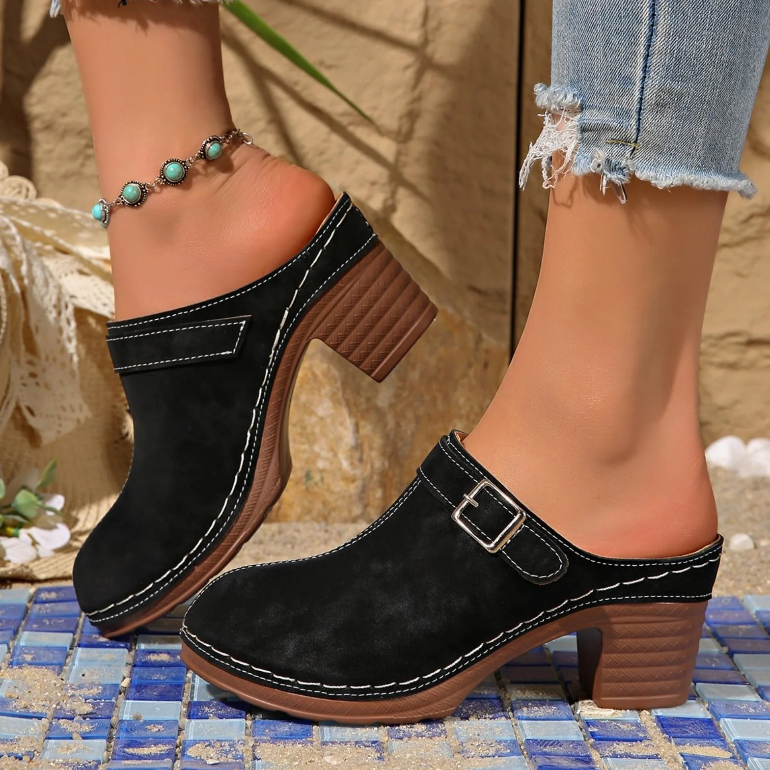 Sabots pour femme avec talon bloc - Chaussons orthopédiques confortables - Sandales compensées - Mules sans dos - Chaussures à plateforme fermées