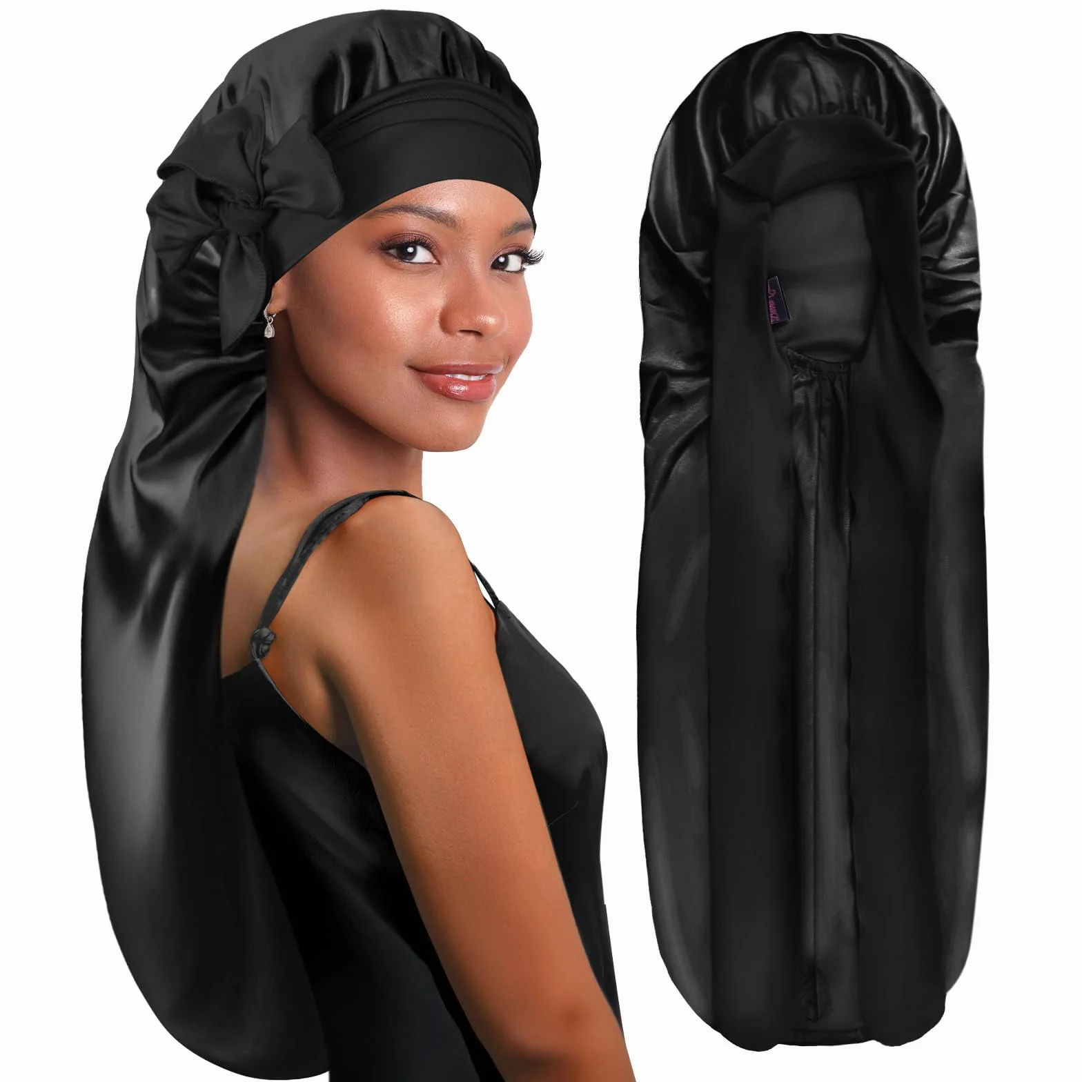 BONNET QUEEN Bonnet Satin Cheveux Longs Nuit Anti-Glisse avec Long Bandeau Réglable, Protection Anti-Frisottis pour Cheveux Très Longs, Noir