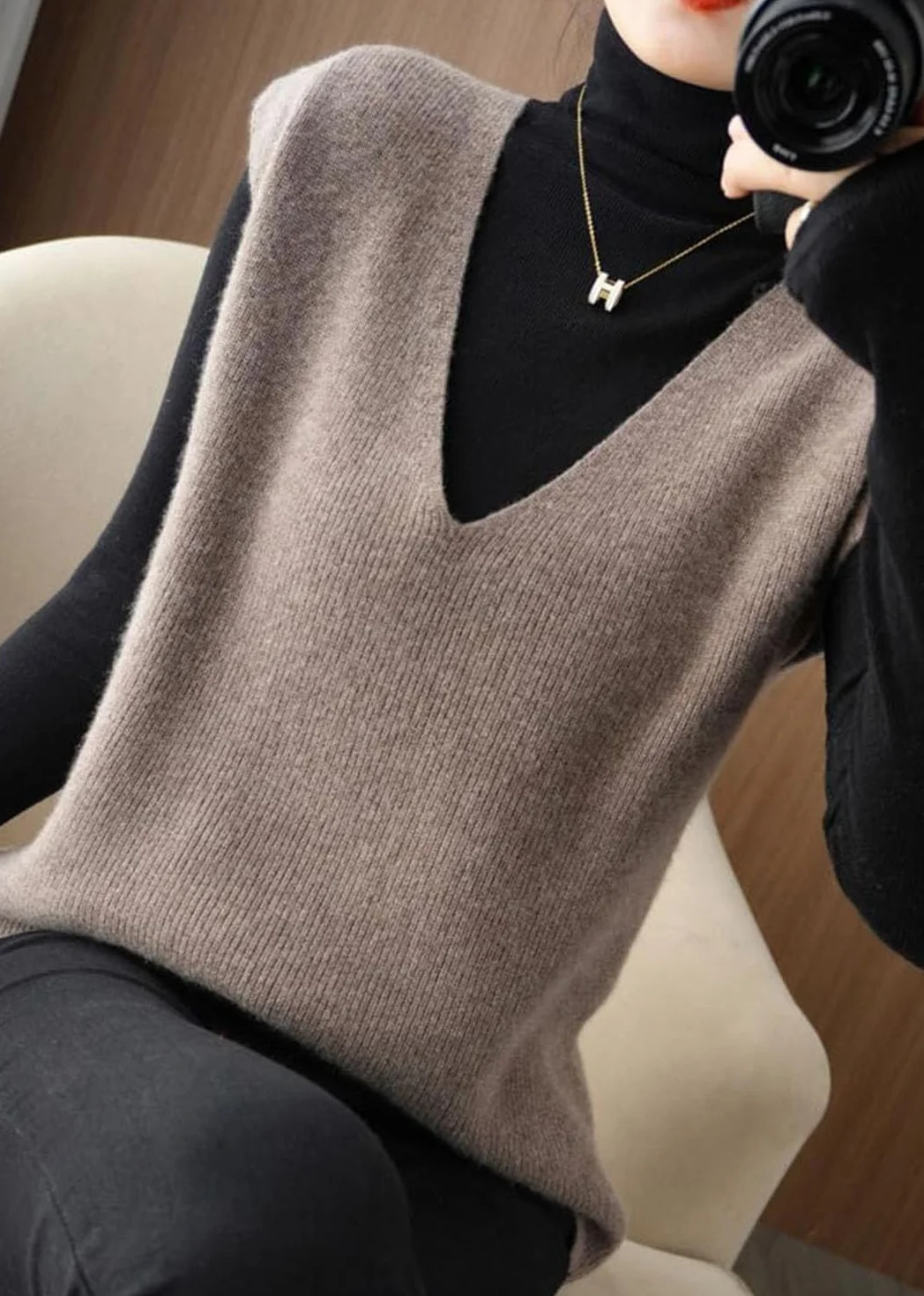 Pull sans Manches à col en V pour Femme en Cachemire tricoté Style coréen Beige L