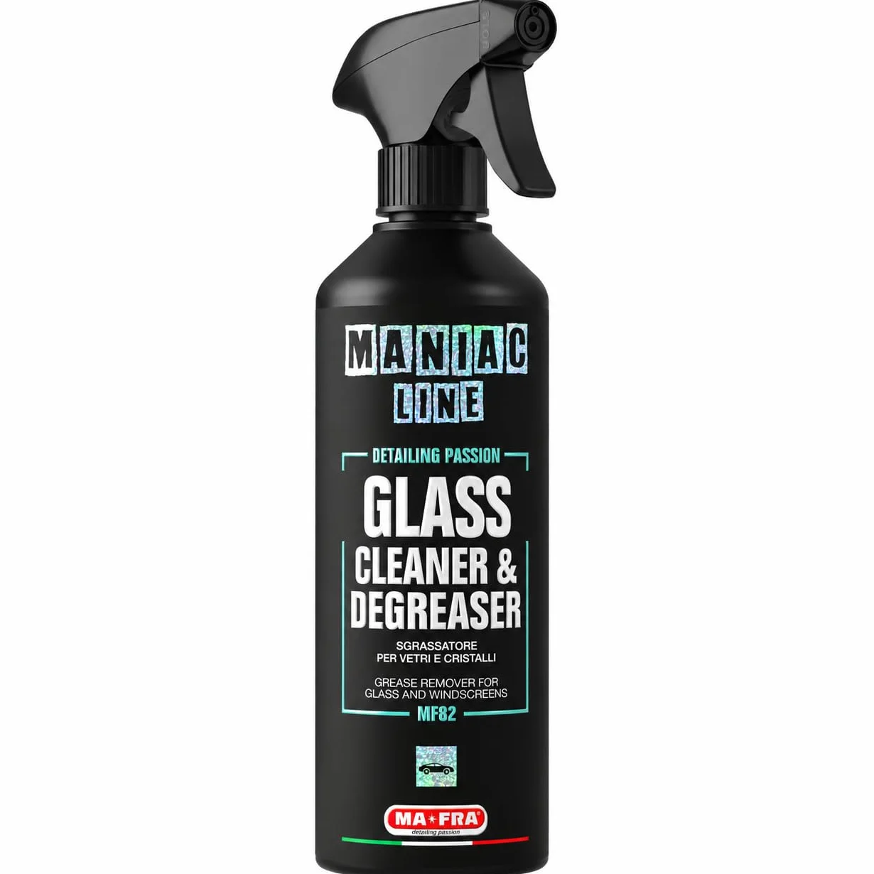 MANIAC LINE MAFRA Nettoyant et dégraissant pour vitres sans ammoniaque - Sans danger pour le verre teinté - Élimine le calcaire, la graisse et le film routier - Finition sans traces - Flacon de 50 ml