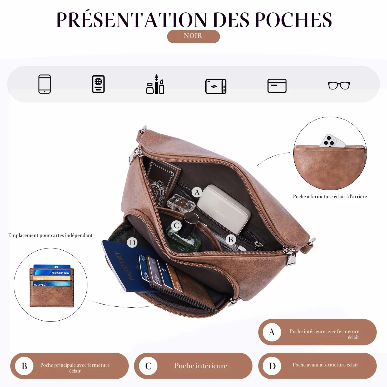 Sac à bandoulière femme cuir végétalien RFID poche poitrine sangle réglable