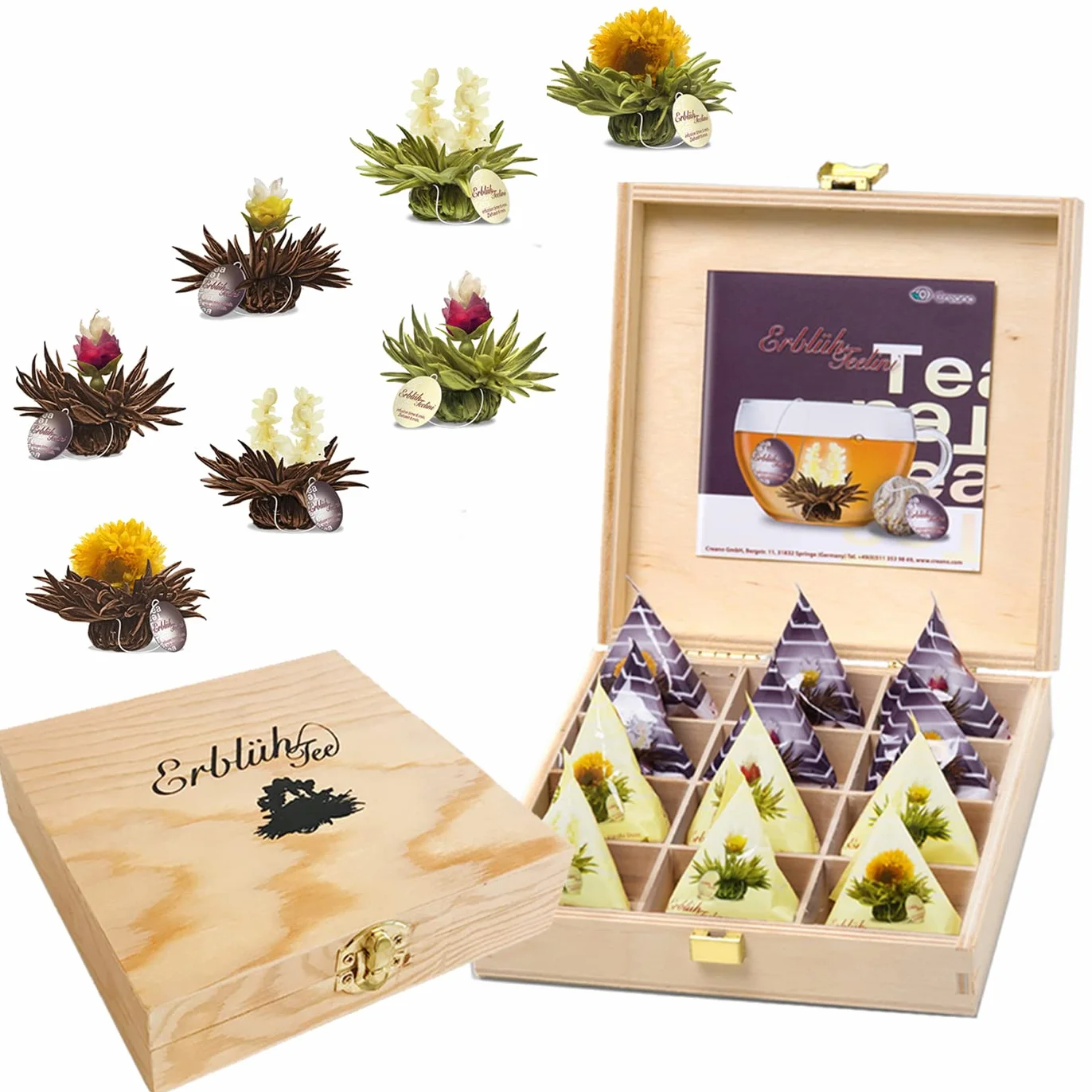 Creano Coffret Teelini 12 pcs – Boîte en Bois avec Fleurs de Thé Blanc & Noir en Portion de Tasse – 8 Variétés – Idée Cadeau Durable & Bureau