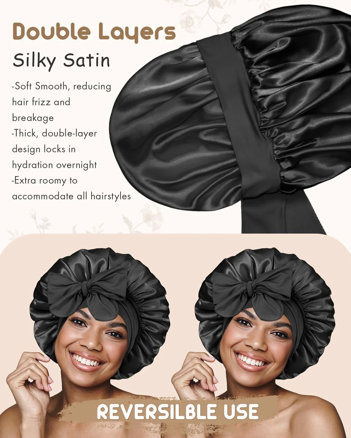 Bonnet Satin Double Couche Réversible pour Dormir Cheveux Bouclés Femmes Hommes