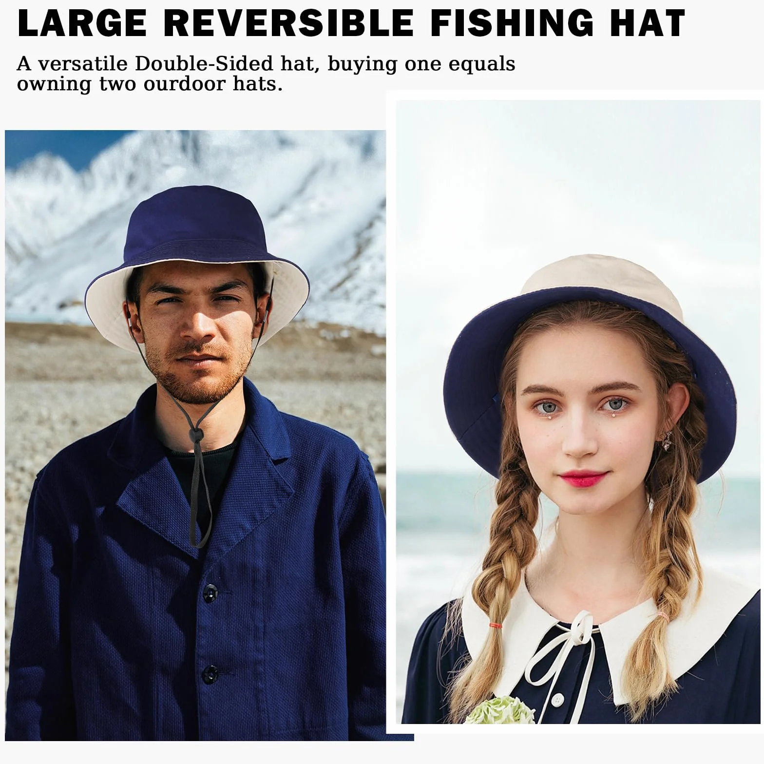 TAGVO Chapeau de Pêcheur Réversible Chapeau de Seau Unisexe Anti-UV Pliable Coton 58-65cm
