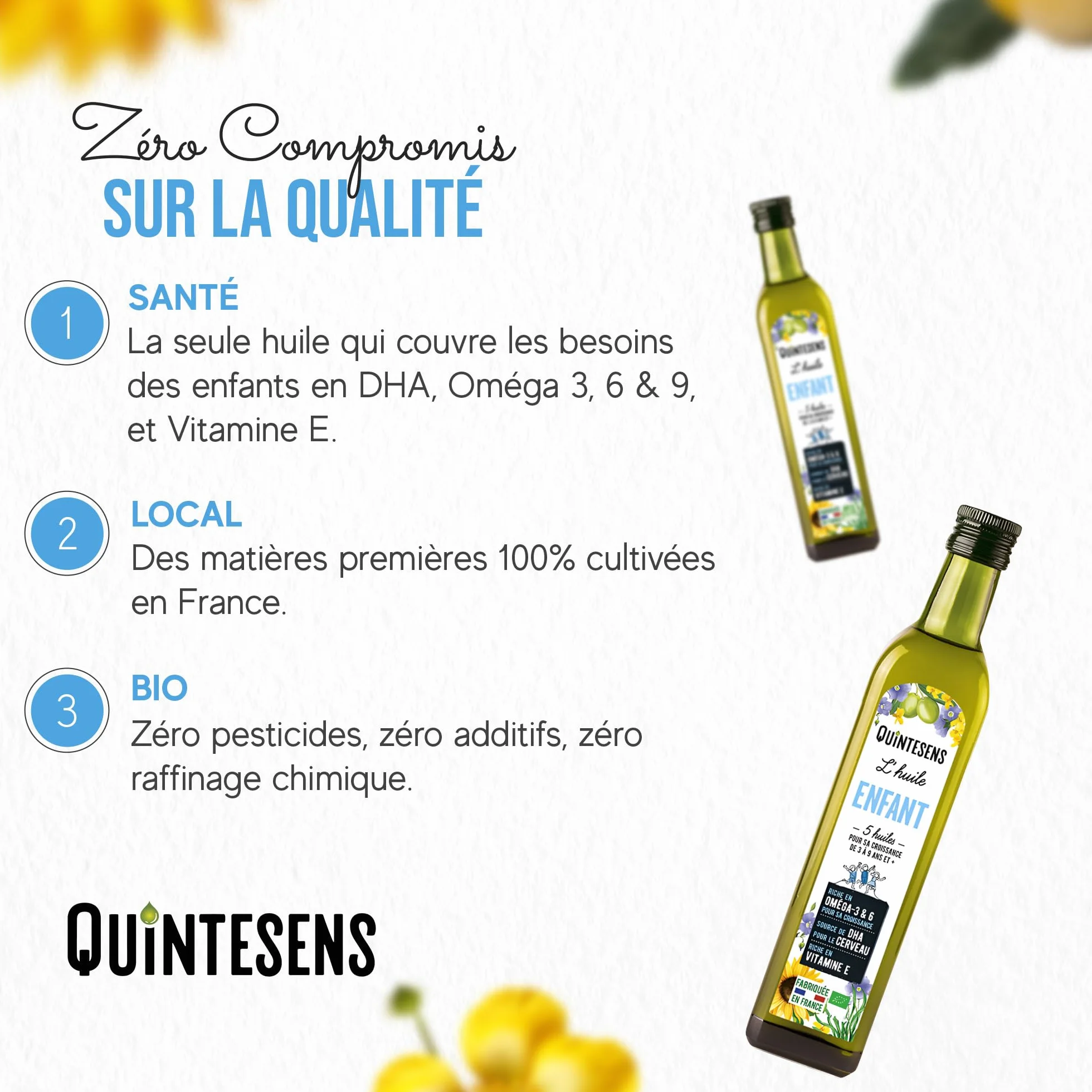 Lot 3 Huiles Enfant QUINTESENS 250ml - Apports en DHA, Oméga 3, 6 & 9 et Vitamine E pour un Développement Solide pour la Vie - Production 100% Française & Biologique