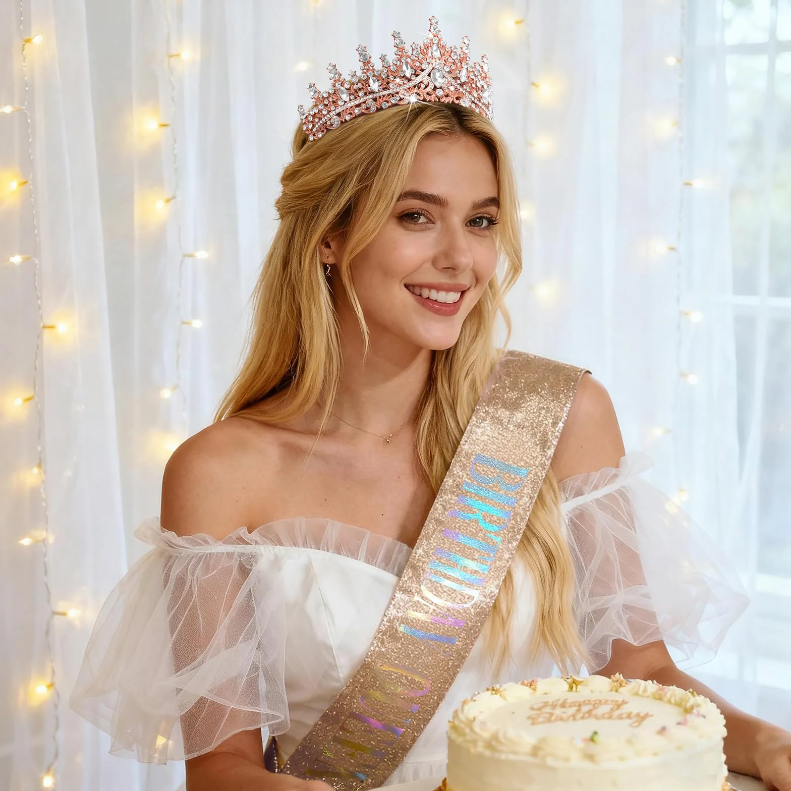 DRESHOW Couronne et Écharpe d'Anniversaire Strass Reine Diadème pour Femmes Filles