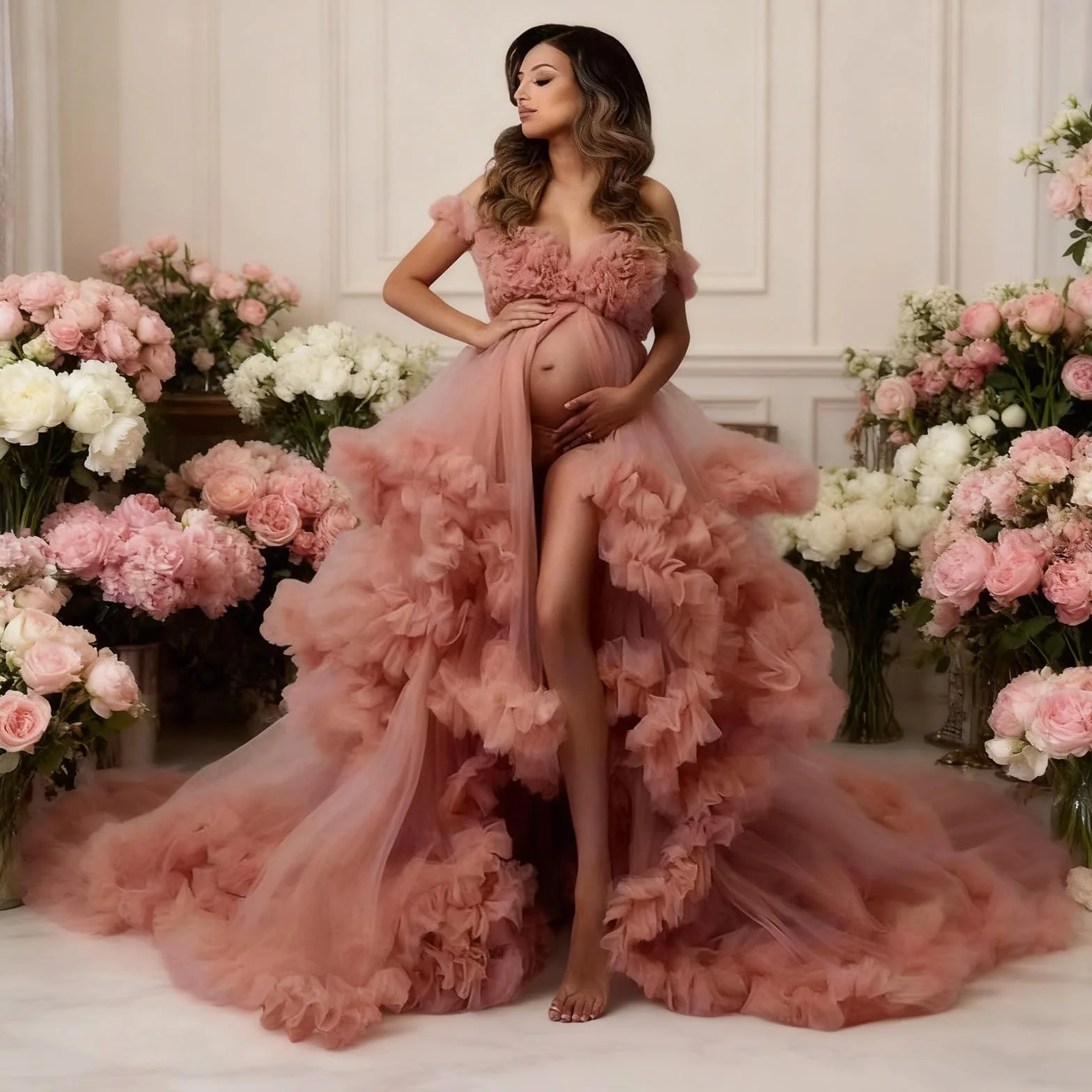 Robe de maternité en tulle à volants pour séance photo grossesse