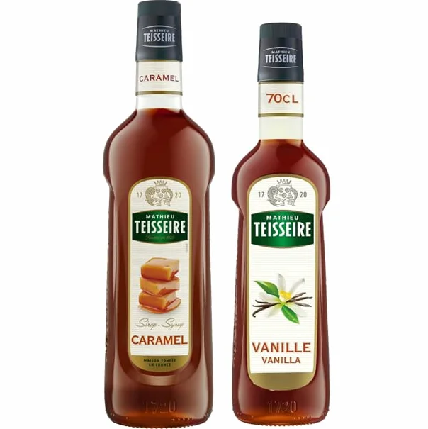 Mathieu Teisseire - Assortiment de Sirop de Caramel (1L) et de Sirop de Vanille (70cl) pour boissons chaudes et froides, cafés, chocolats 2 bouteilles.