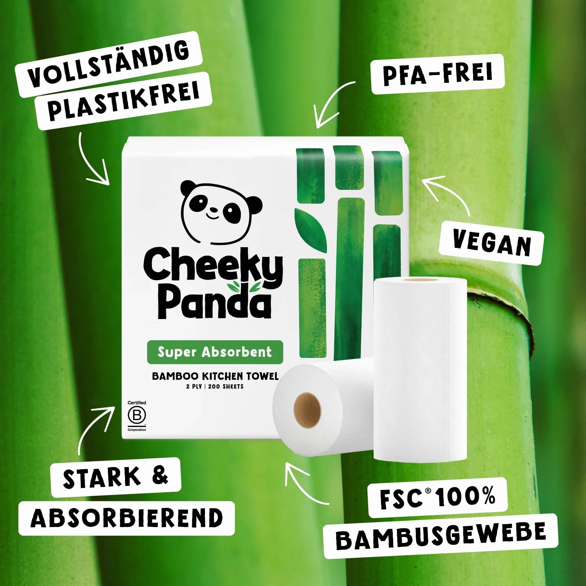 The Cheeky Panda Essuie tout Gros Rouleau | Bambou | 2 épaisseur | 1000 Feuilles | 10 Unités | Ultra Absorbant et écologique