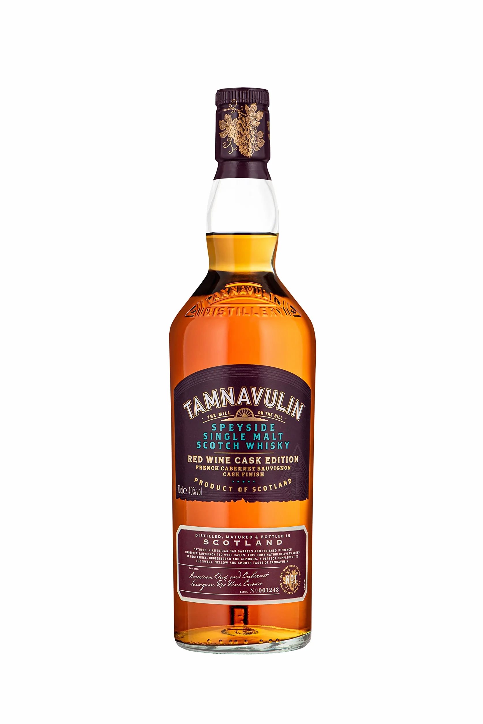 TAMNAVULIN - Red Wine Cask French Cabernet-Sauvignon - Single Malt Whisky - Notes de Fruits, Citron & Amandes - A déguster sec - 40% Alcool - Origine : Ecosse/Speyside - 70 cl