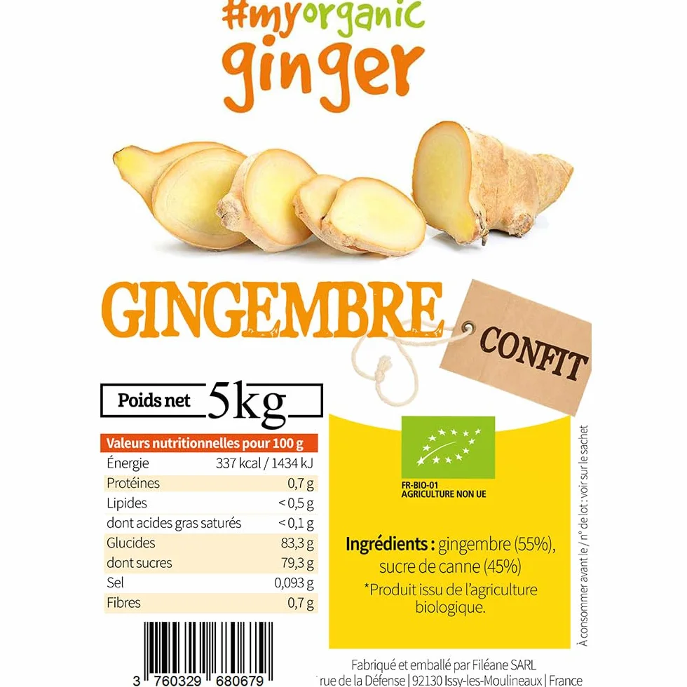 Gingembre confit BIO en cubes 5 kg Sachet vrac Fruit confit Sans conservateur