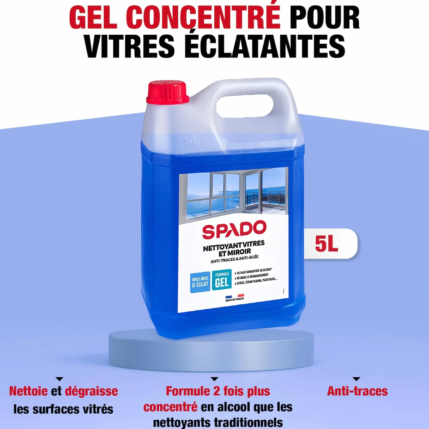 SPADO - Nettoyant vitres en gel - Anti-traces - Anti-pluie - Ne coule pas - Antibuée - pour vitre, miroirs et écran - 5L - Fabriqué en France