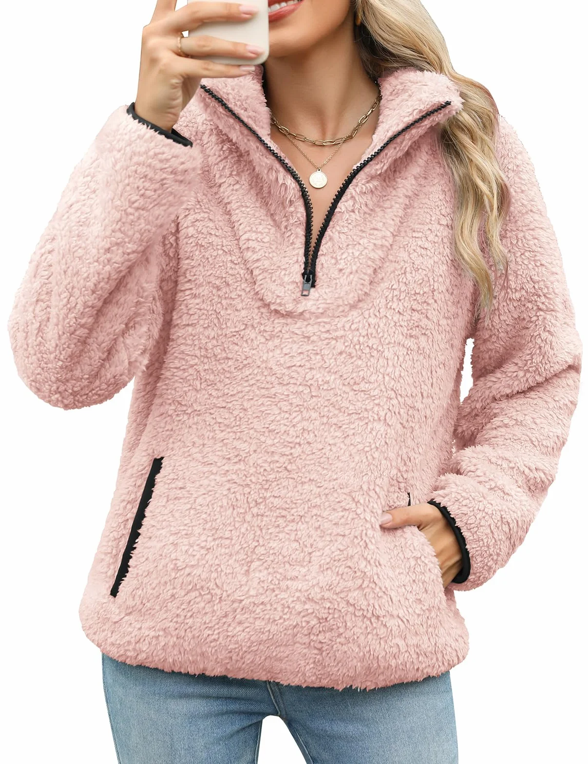 Pulls Sweatshirt Polaire Femme Hiver Manches Longues Chaud avec Poche 1/4 Zippé