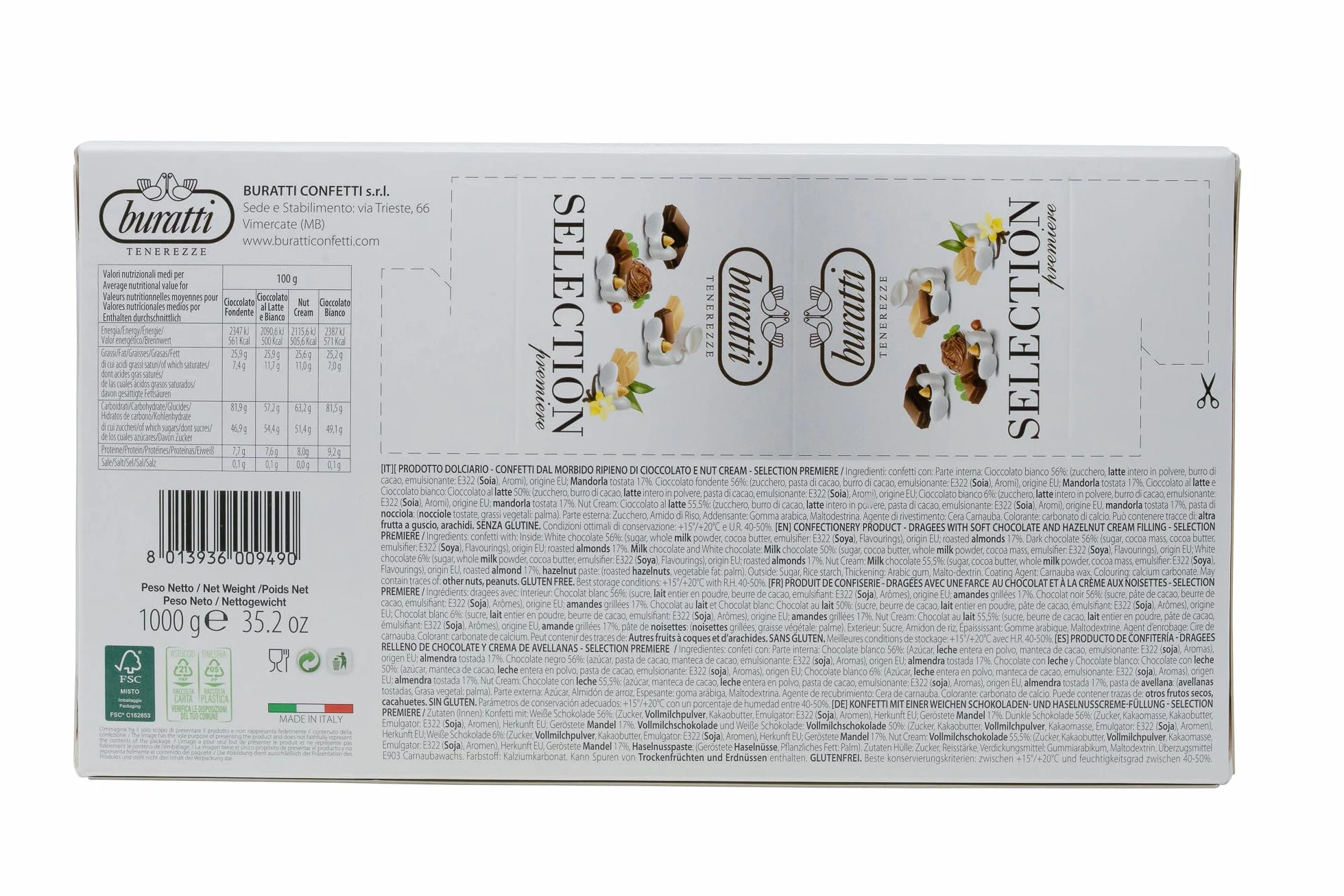 Buratti Confetti Dragées à l'amande Recouverte de Chocolat Tendresses Sélection 1 Kg -noir, noisette, lait et blanc
