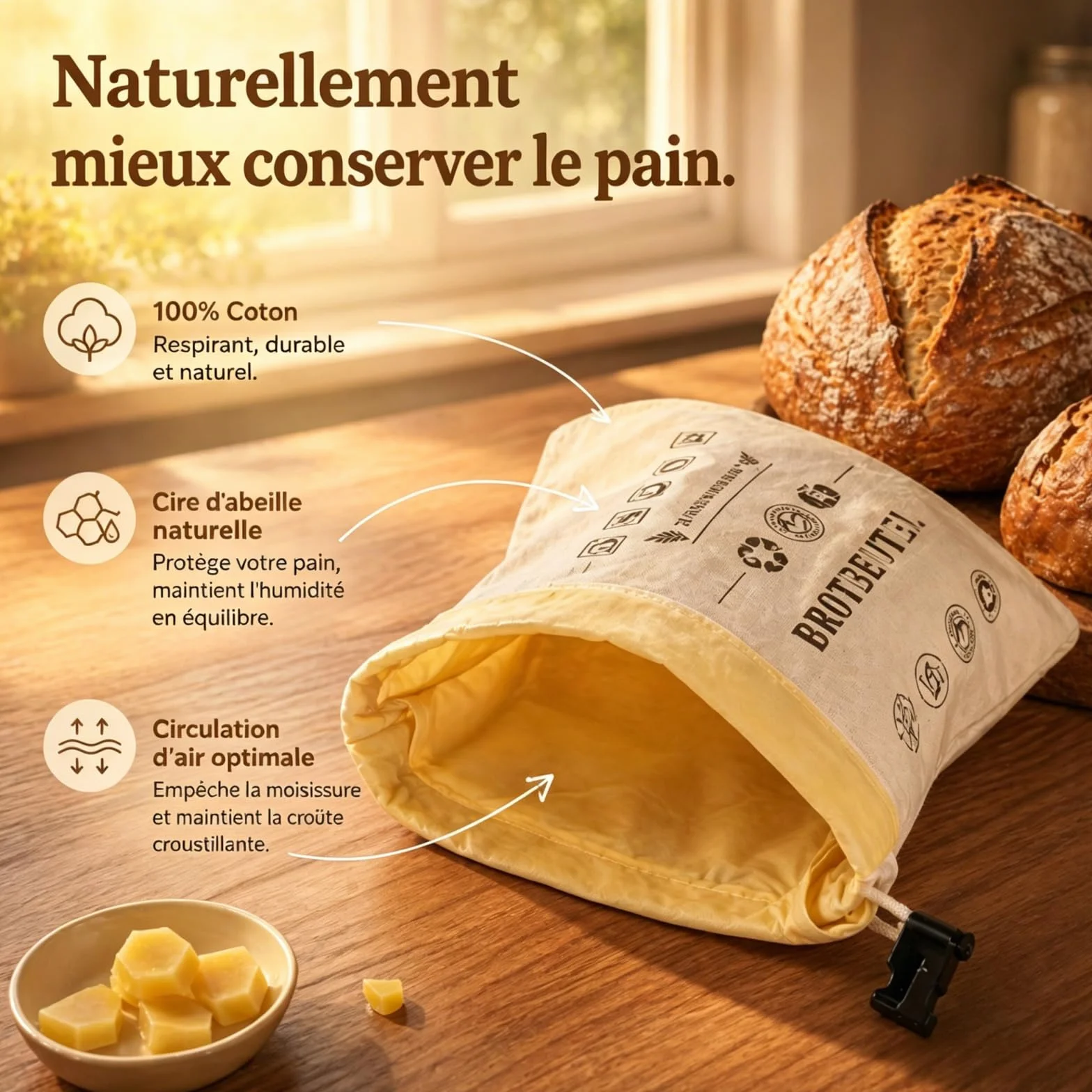La Maison de Louise Sac a Pain,Sac à Pain La Maison de Louise,Sac à Pain en Cire d'Abeille Réutilisable,Sac de Conservation en Coton Naturel 43×33cm,Réutilisation,Conservation Longue Durée