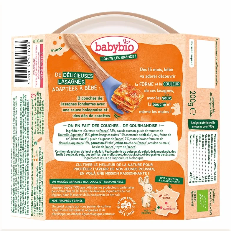 BABYBIO - Assiette Menu - Lasagnes à la bolognaise Bœuf - 15+ mois - BIO