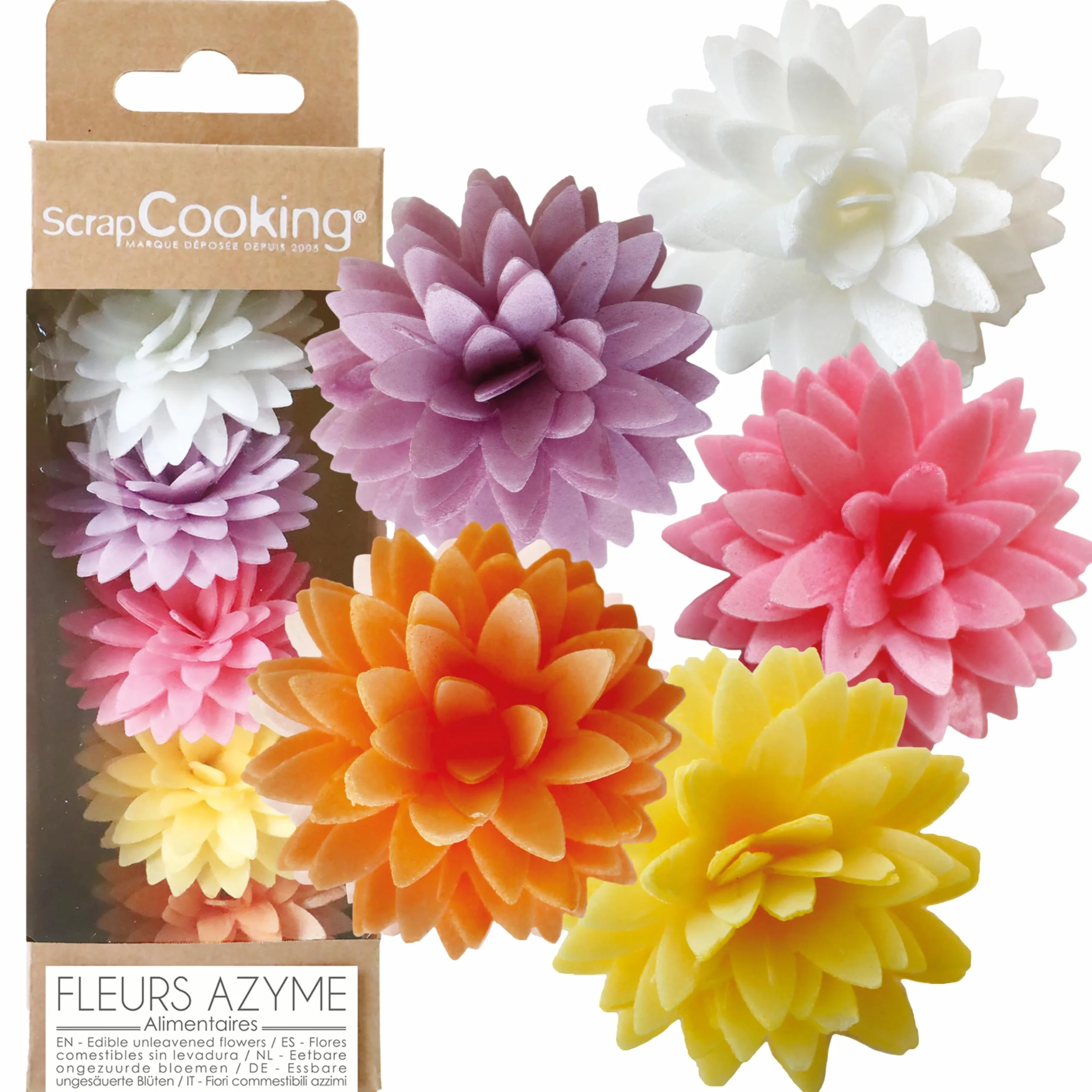 ScrapCooking - 5 Dahlias Assortis en Azyme - Fleurs Comestibles Décoration Gâteau - Déco Alimentaire Pièce-Montée, Cupcakes, Pâtisseries, Anniversaire - Blanc, Jaune, Orange, Rose, Mauve - 2298