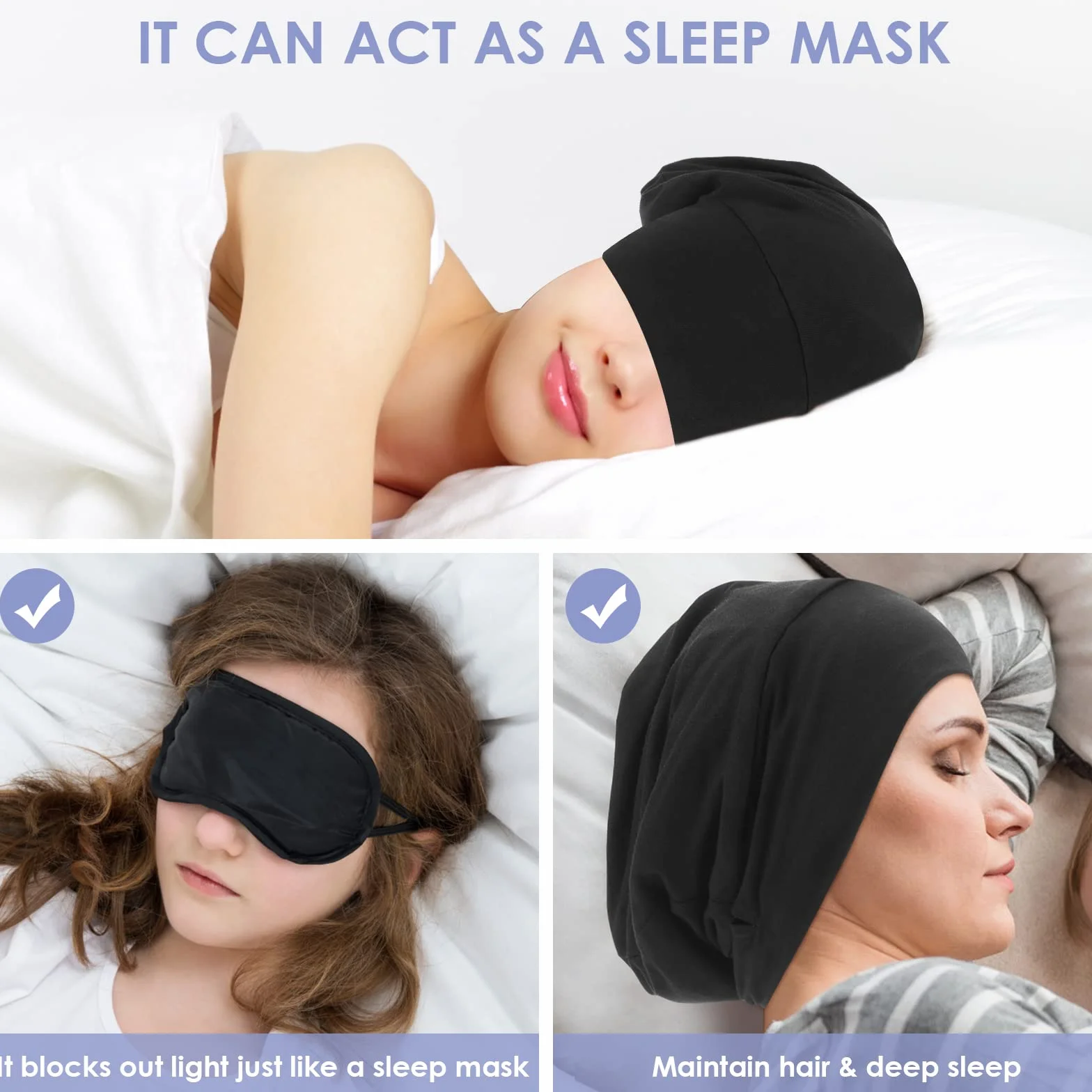 Bonnet de nuit en satin réglable avec doublure en soie - Noir