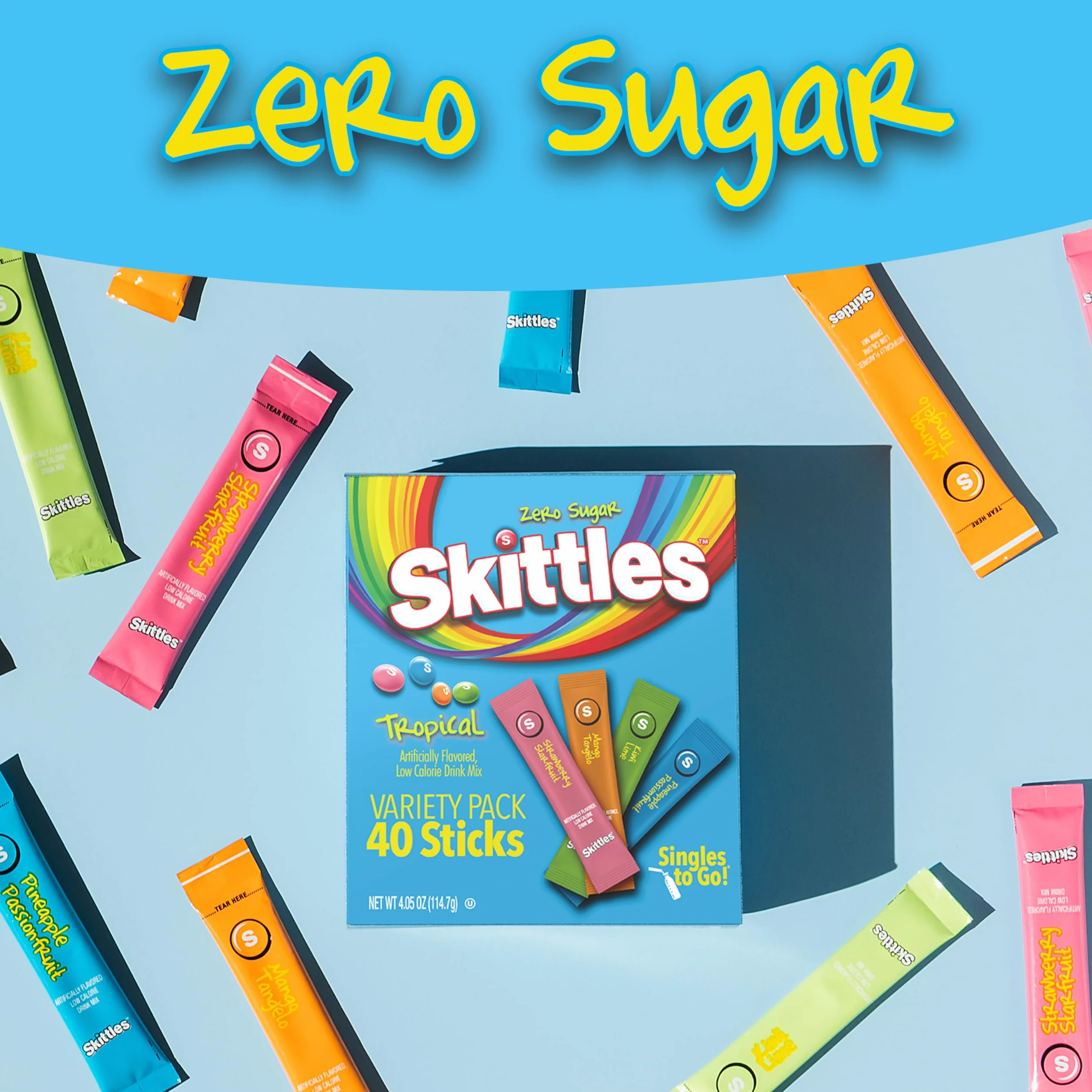 Skittles Singles To Go Tropical Flavors Lot de 40 mélanges à boissons en poudre, zéro sucre, faible calorie, comprend 4 saveurs :