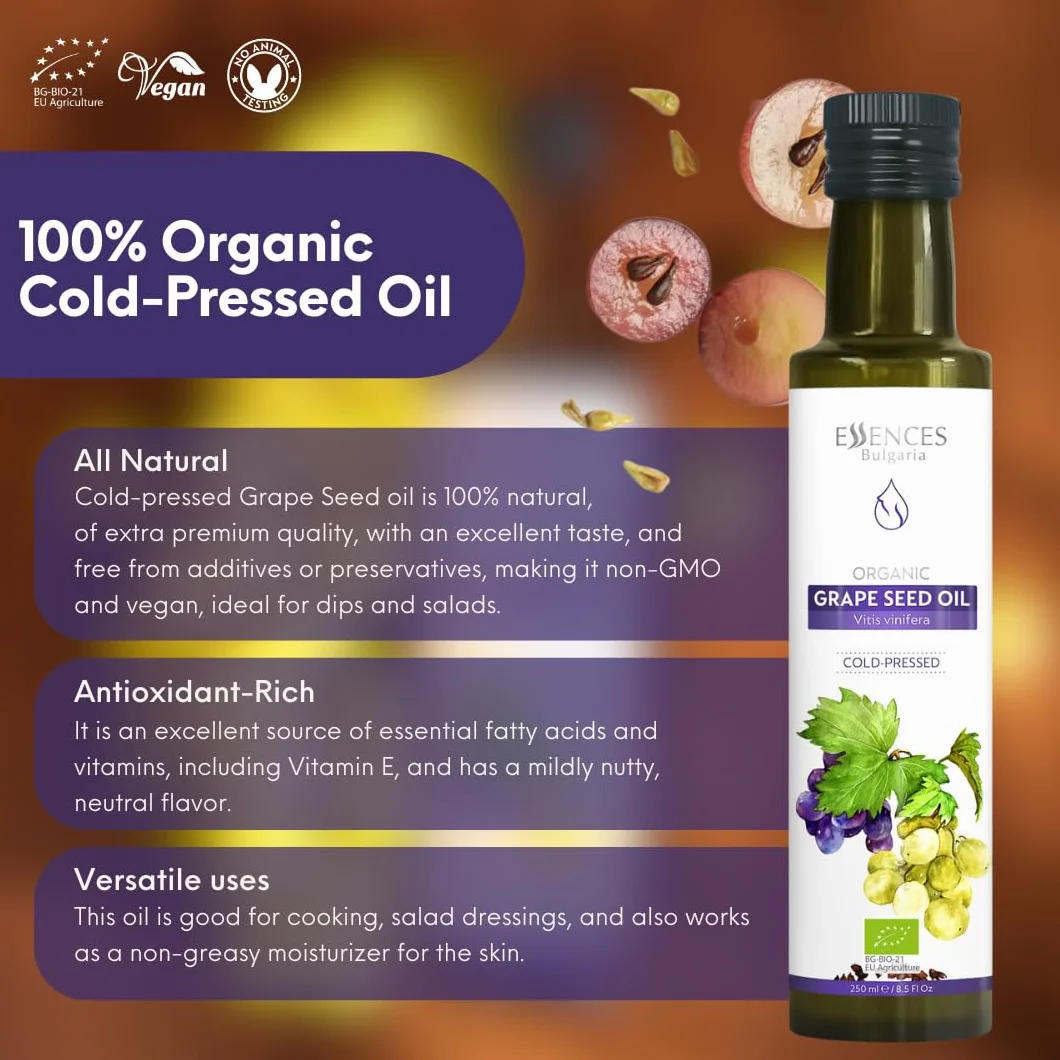 Essences Bulgaria Huile de Pépins de Raisin Bio 250 ml | Huile Pressée à Froid 100% Naturelle | Qualité Extra Premium | Excellent Goût | Sauces | Salades | Sans Additifs ni Conservateurs | Non-OGM