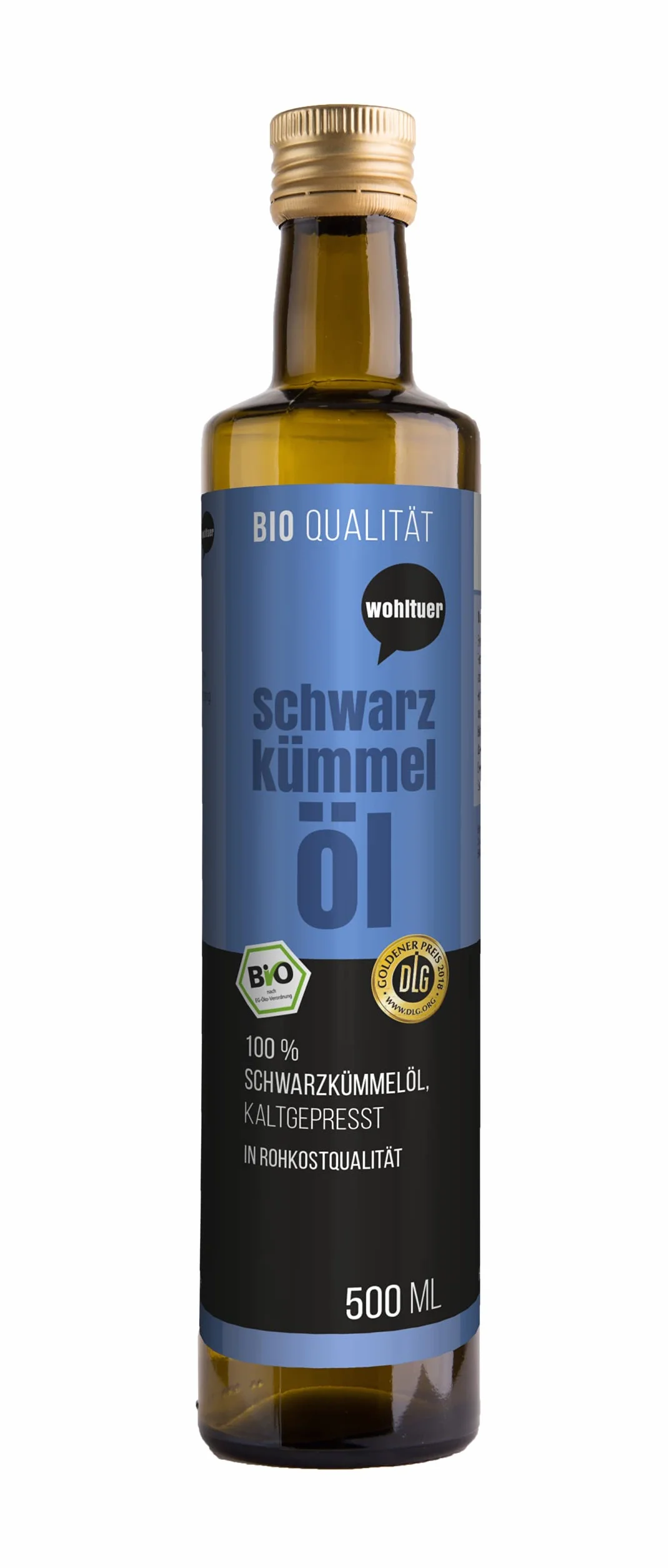Wohltuer Huile de nigelle bio 500 ml – Pressée à froid et de qualité alimentaire brute – Particulièrement douce – Produit de la marque Allgäuer Ölmühle