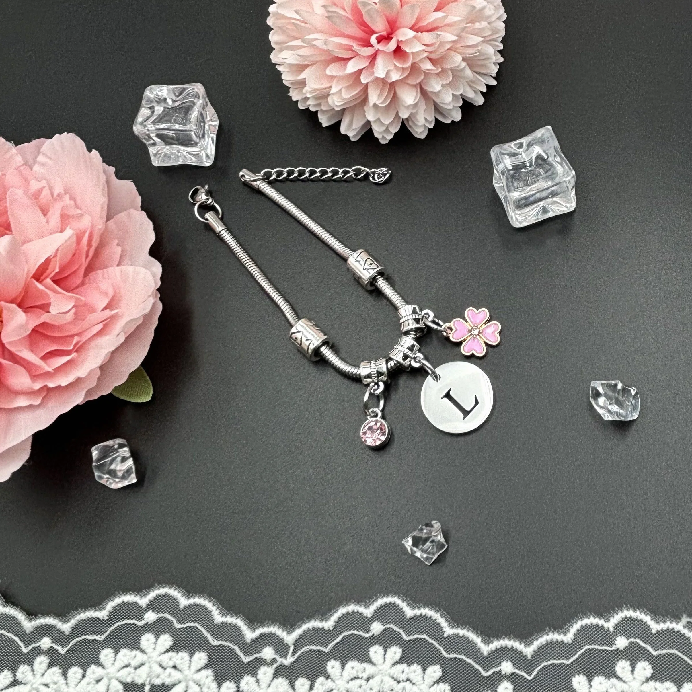 Bracelet Lettre Initiale Prénom Argent Femme Pendentif Bijoux Cadeau Original Anniversaire