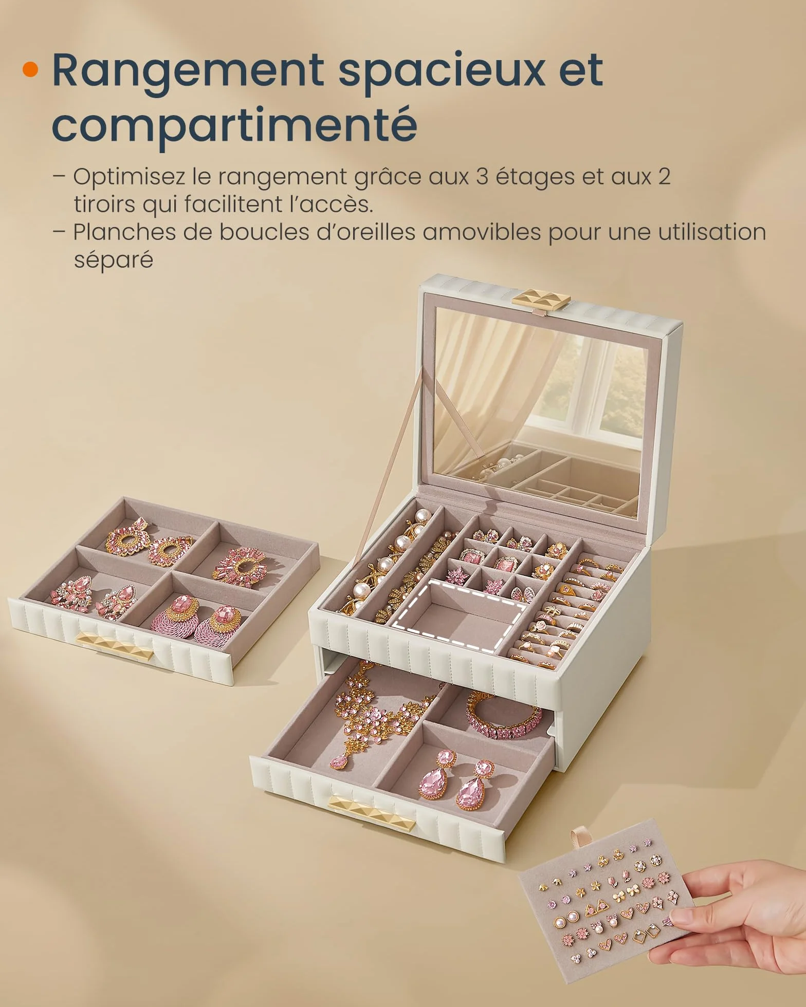 SONGMICS HOME ANAH Collection Boîte à Bijoux 3 Étages avec Miroir 2 Tiroirs Surface PU 21,5 x 24 x 15,8 cm Blanc