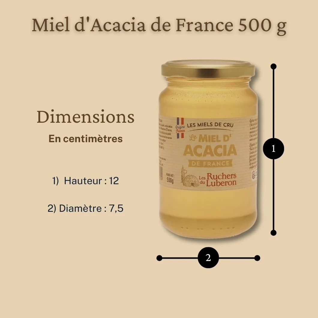 Les Ruchers du Luberon - Miel d’Acacia 500 g - Miel de Cru Francais Naturel - Pur - Non Filtré - Non Pasteurisé - Sans Additifs