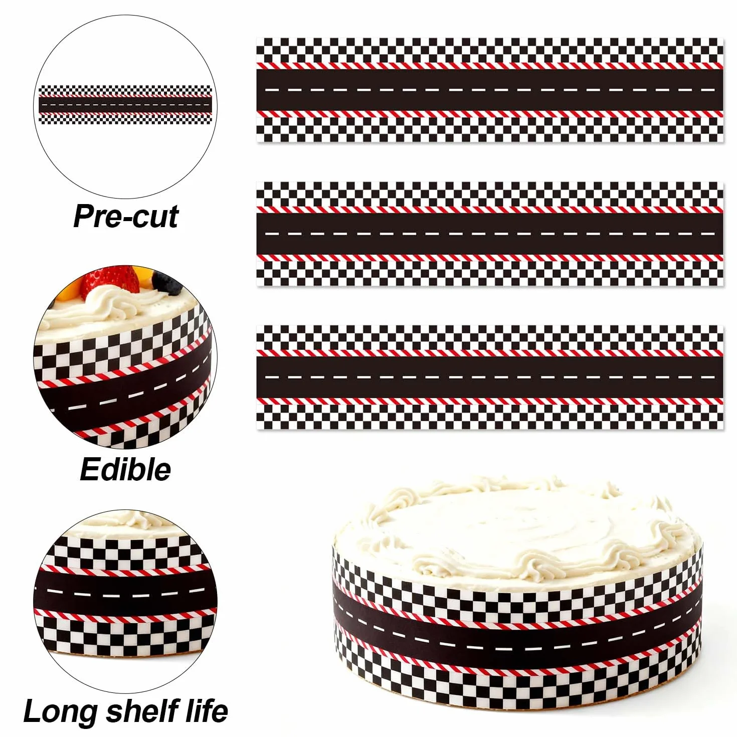 3pcs Bordure de Gâteau Comestible Thème Course Automobile Décoration Comestible pour Gâteau d'Anniversaire Décorations Créatives pour Fête d'Anniversaire (Style Circuit Automobile)
