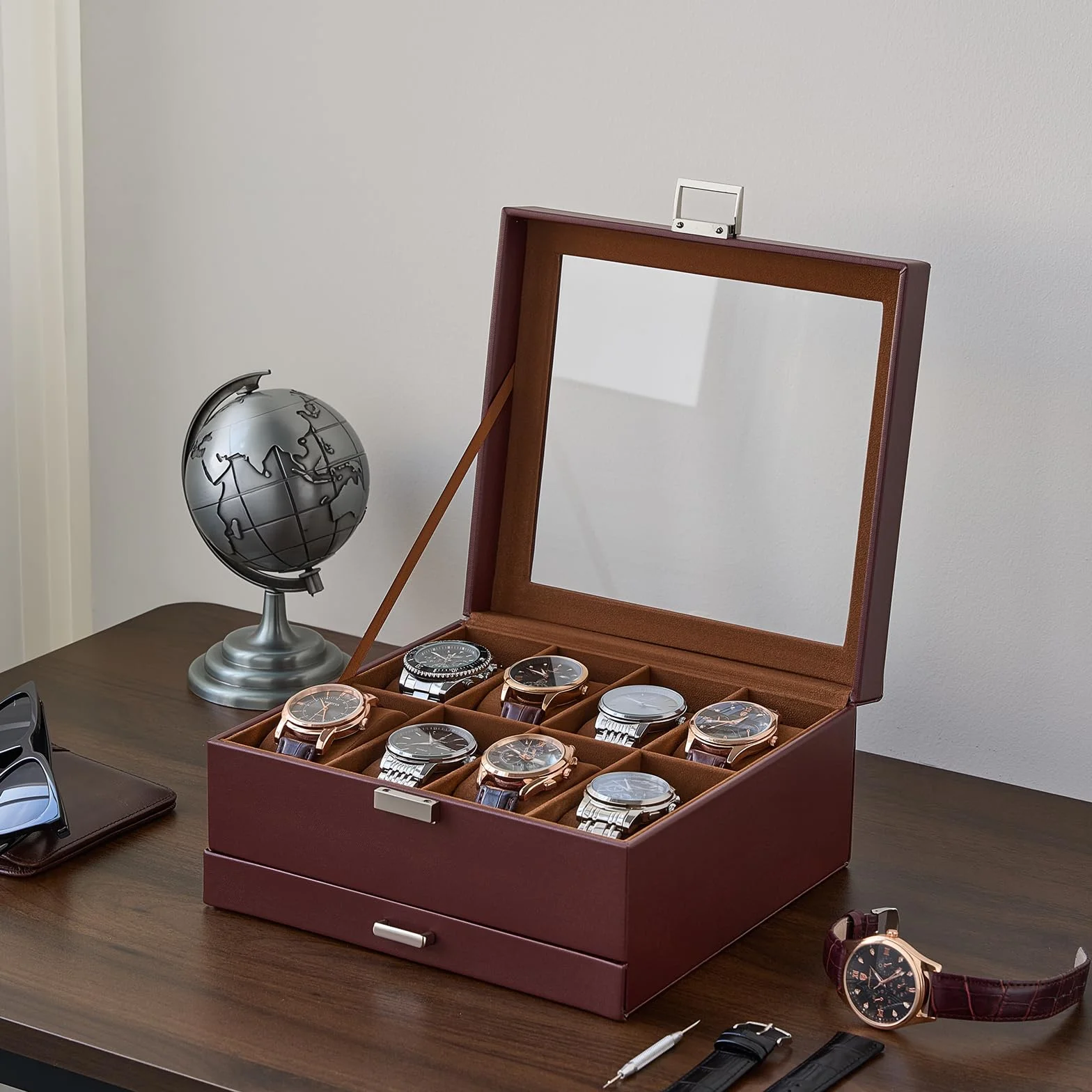 ProCase Coffret de Rangement pour Montres 2 Niveaux 8 Compartiments 1 Tiroir Couvercle Transparent Marron