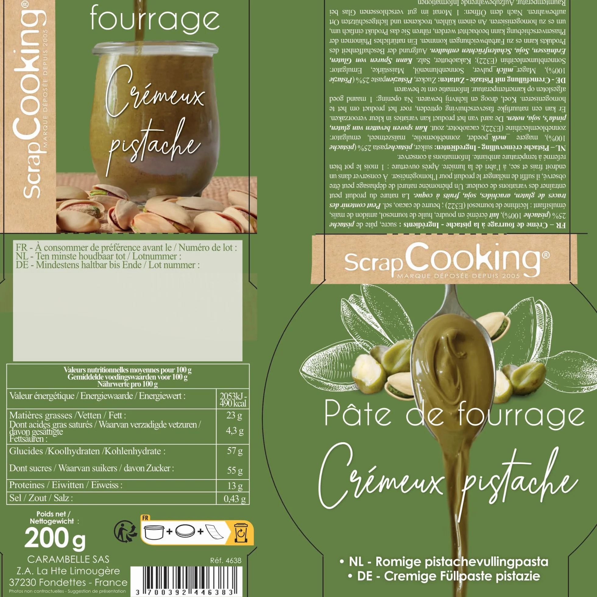 ScrapCooking - Pâte de Fourrage Crémeux Pistache 200 g - Pour Fourrer Tablettes, Éclairs, Macarons, Gâteaux, Bûches de Noël, Cookies, Cheesecakes & Pâtisseries - 4638