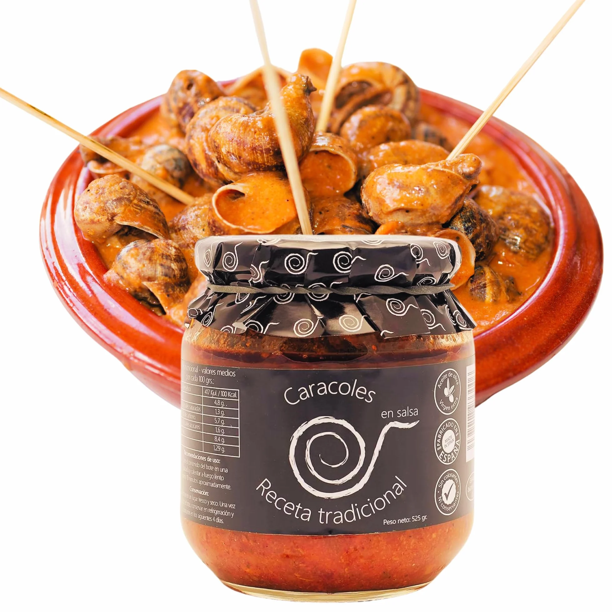 Escargots en sauce. Escargots cuits 550grs. Recette familiale, maison et artisanale. Escargots mijotés. Conserves gourmandes. Cadeau original pour tout le monde. Produit 100% fabriqué en Espagne.