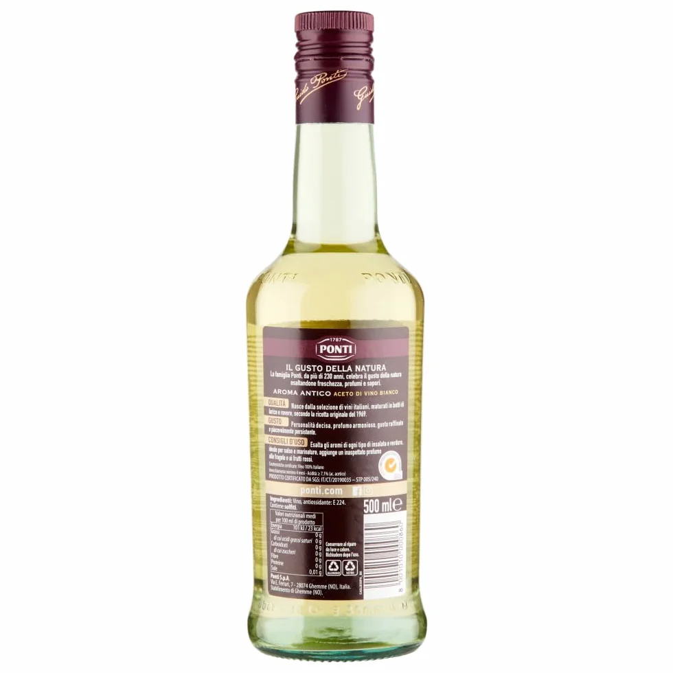 Ponti Lot de 3 bouteilles de vinaigre de vin blanc Aroma Antico Aceto di Vino Bianco 100 % vinaigre italien 500 ml + 1 sachet de talc Felce Azzurra 100 g