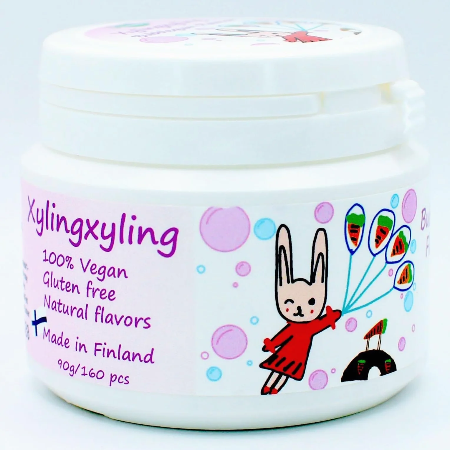 Xylingxyling - Pastille finlandaise au xylitol - 100% végétalienne, sans sucre, sans gluten, arômes naturels, soins dentaires et haleine fraîche, 90 g/160 pièces (goût bubblegum) (4 paquets, 4, unité)