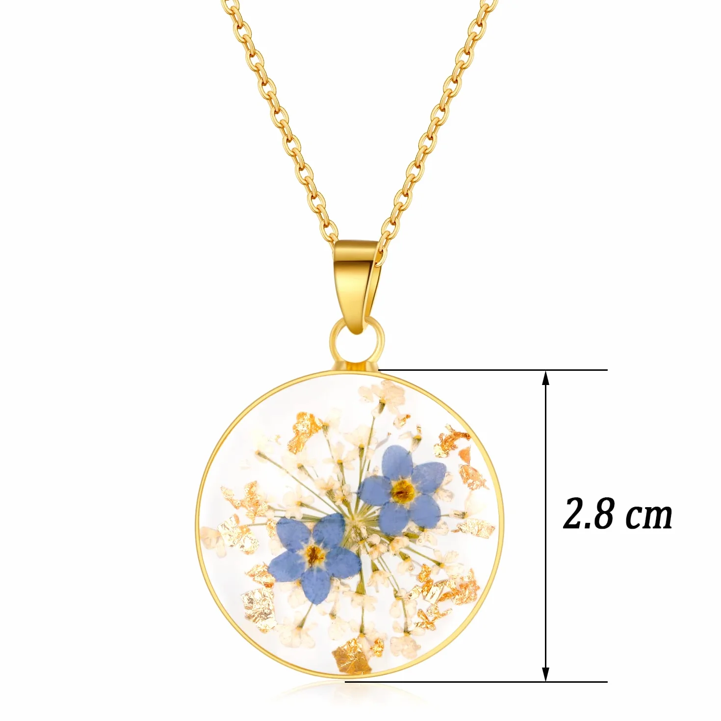 Collier Myosotis en fleurs sauvages pressées | Collier Fleurs de naissance | Bijou vintage or/argent