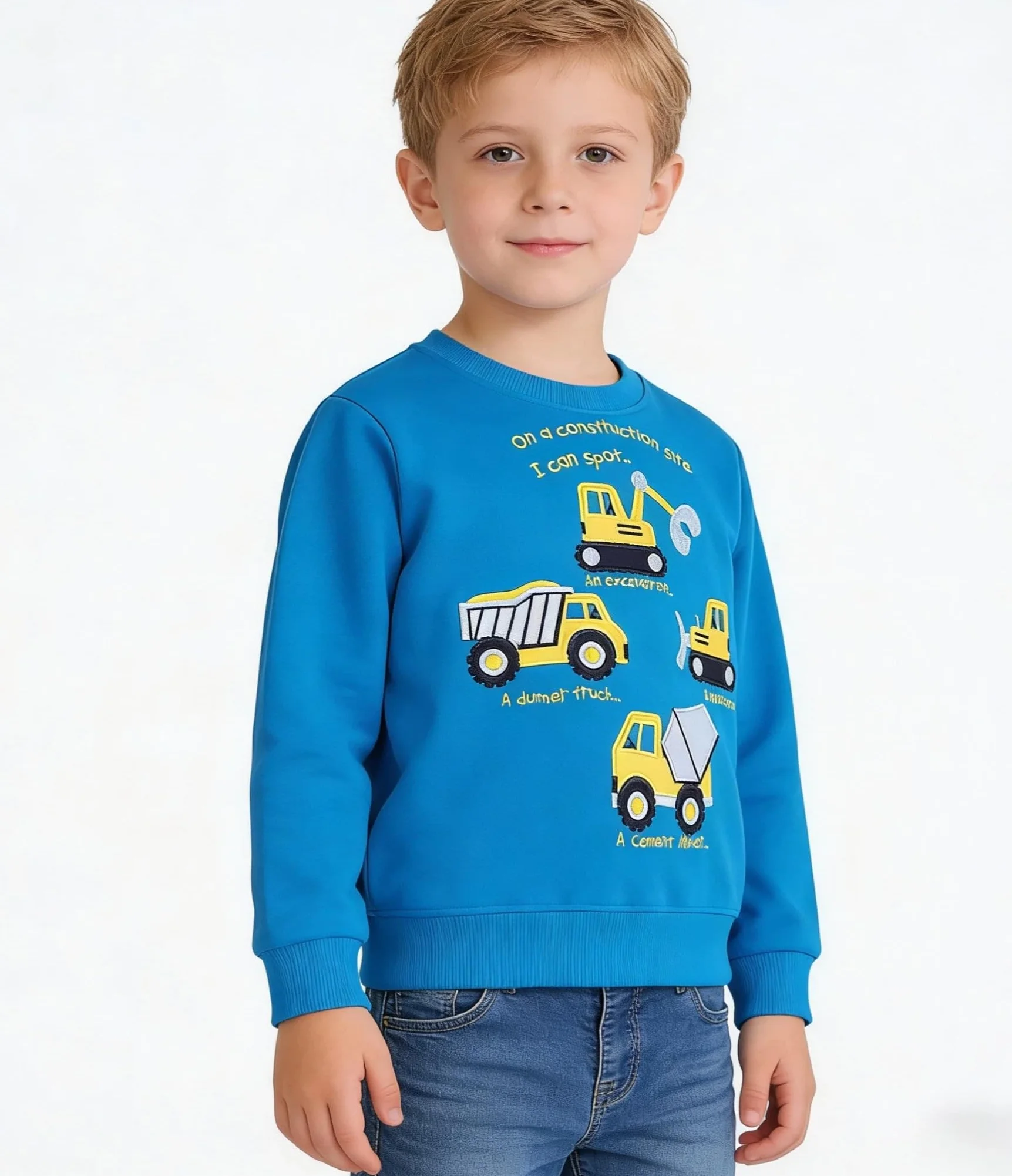 Sweatshirt Garçon Imprimé Dinosaure Excavateur Coton Col Rond 2-7 Ans