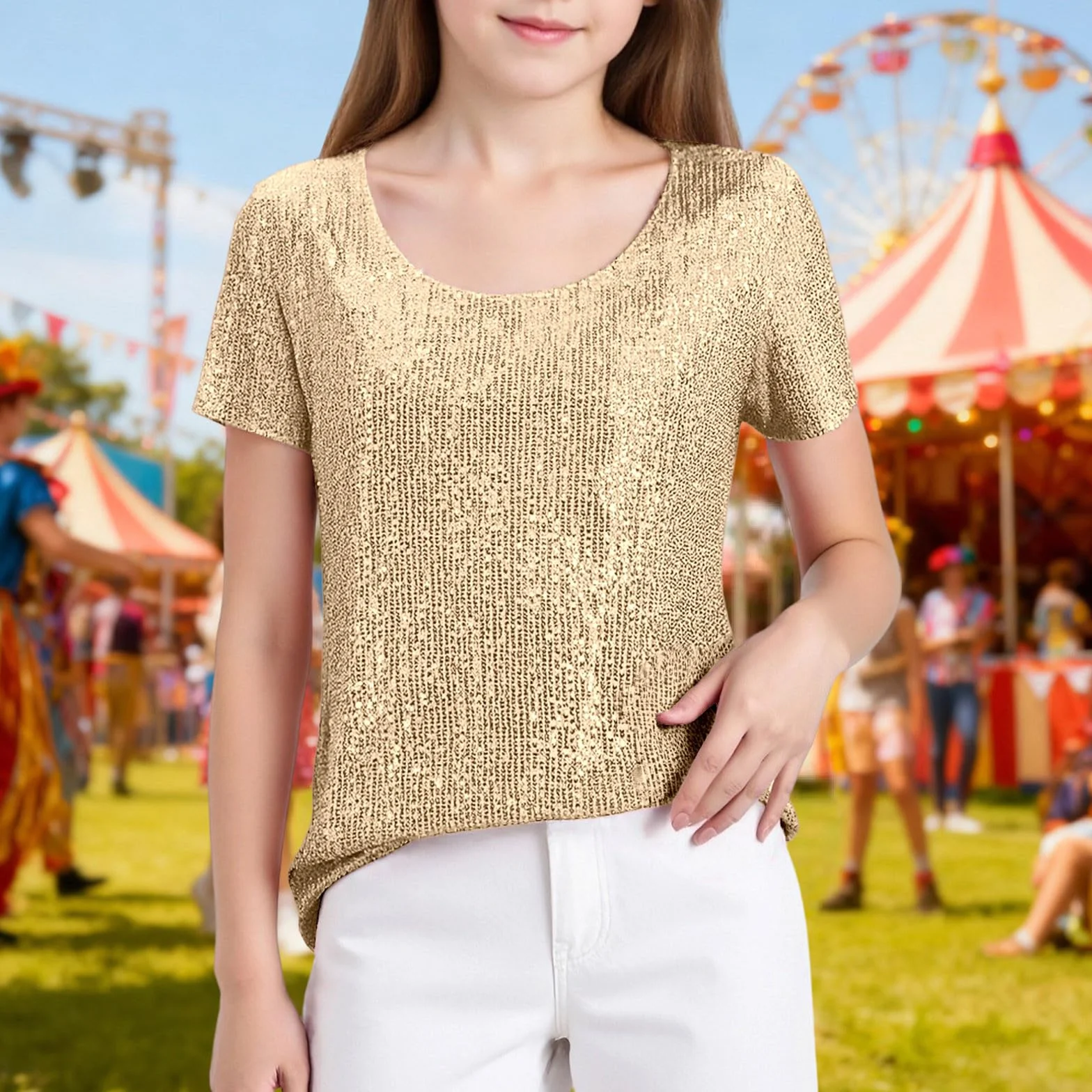 T-shirt à manches courtes avec paillettes et col rond pour fille