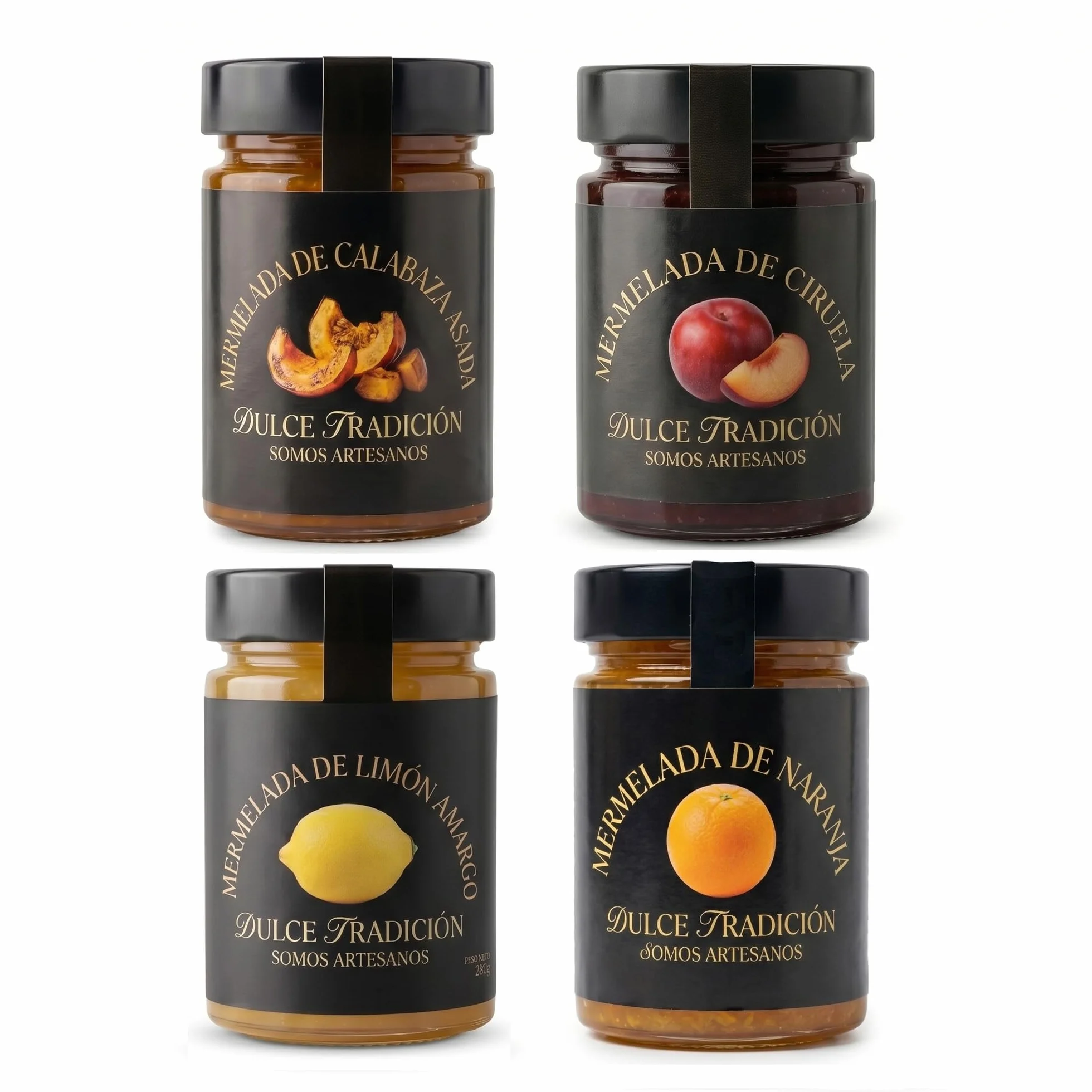 Confiture Dulce Tradición. Fabrication artisanale. Lot de 4 pots de 390 gr, potiron rôti, citron amer, orange et prune. 63% de fruits frais de saison. Sans conservateurs ni colorants.