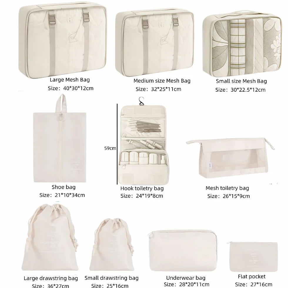 Lot de 10 sacs de voyage légers - Organisateur de bagages - Valise de compression (beige)