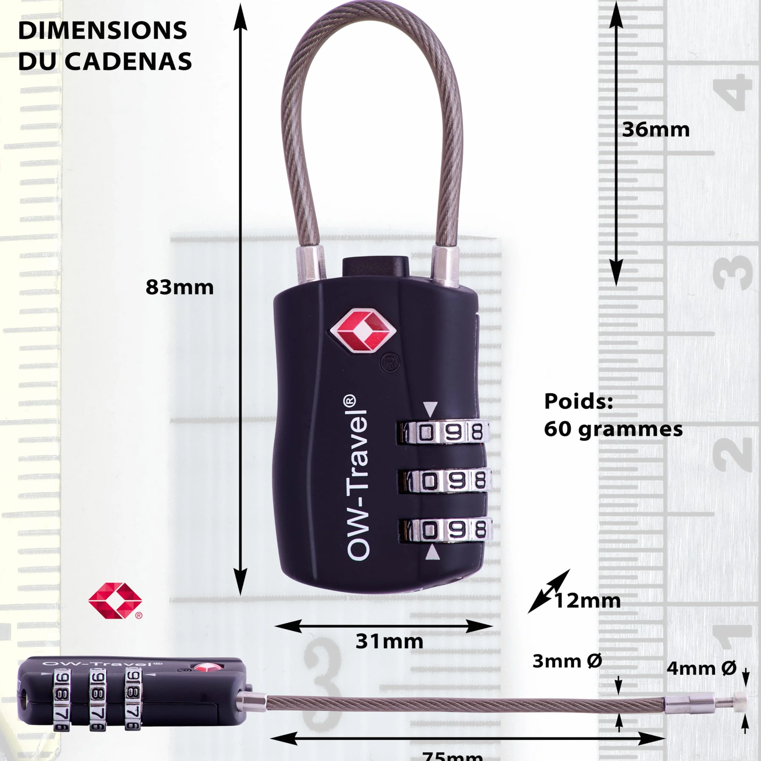 Cadenas Cable TSA pour Valise 3 Chiffres Antivol Bagages Combinaison USA Accessoires Voyage Serrure 4 Noir