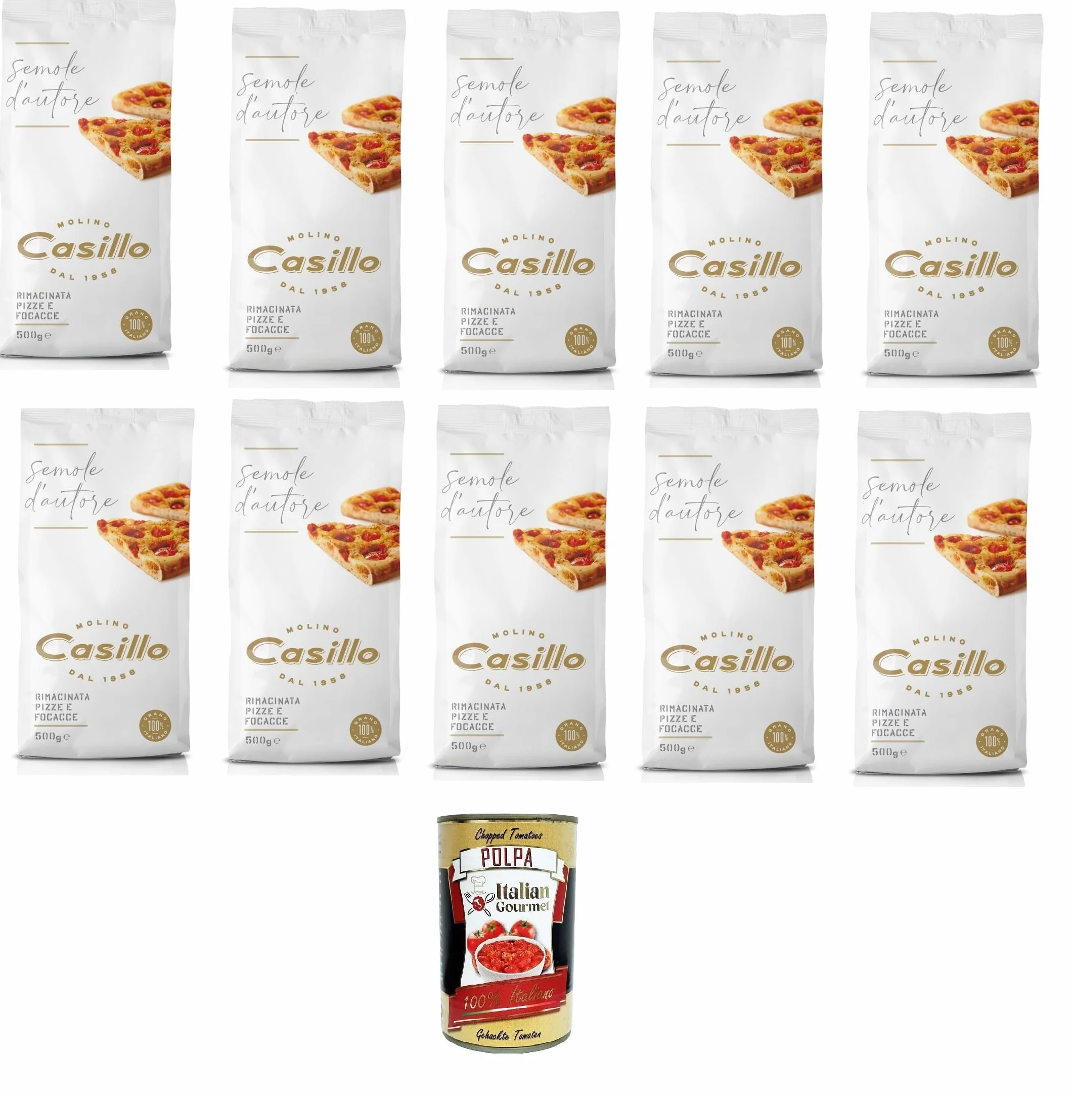 Molino Casillo Semola D'Autore Farina di semola rimacinata per Pizze e Focacce Farine de semoule moulue pour pizzas et focaccia 10 x 500 g + Italian Gourmet Polpa 400 g