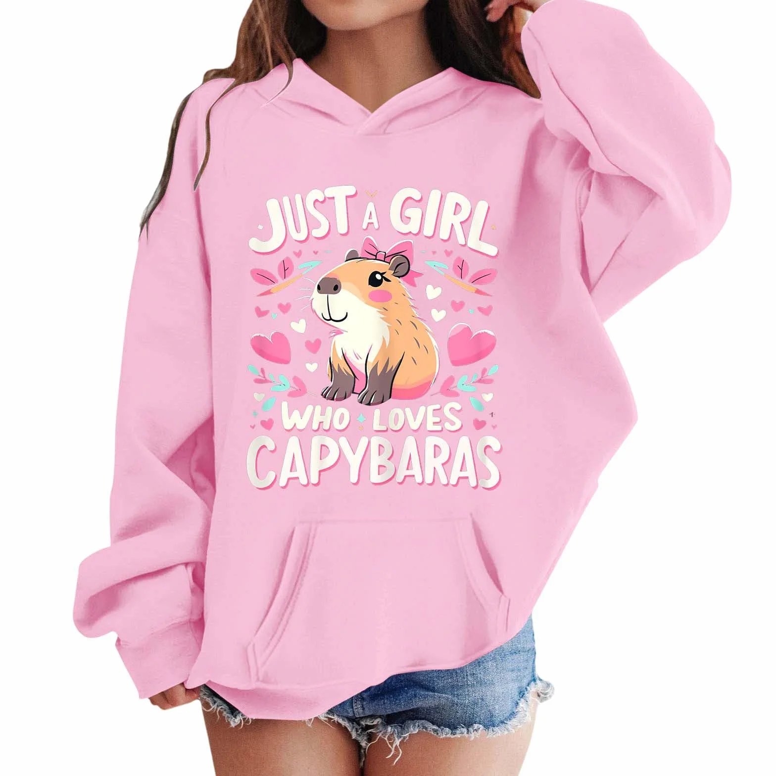 Sweat à capuche fille hiver capybara imprimé manches longues poche