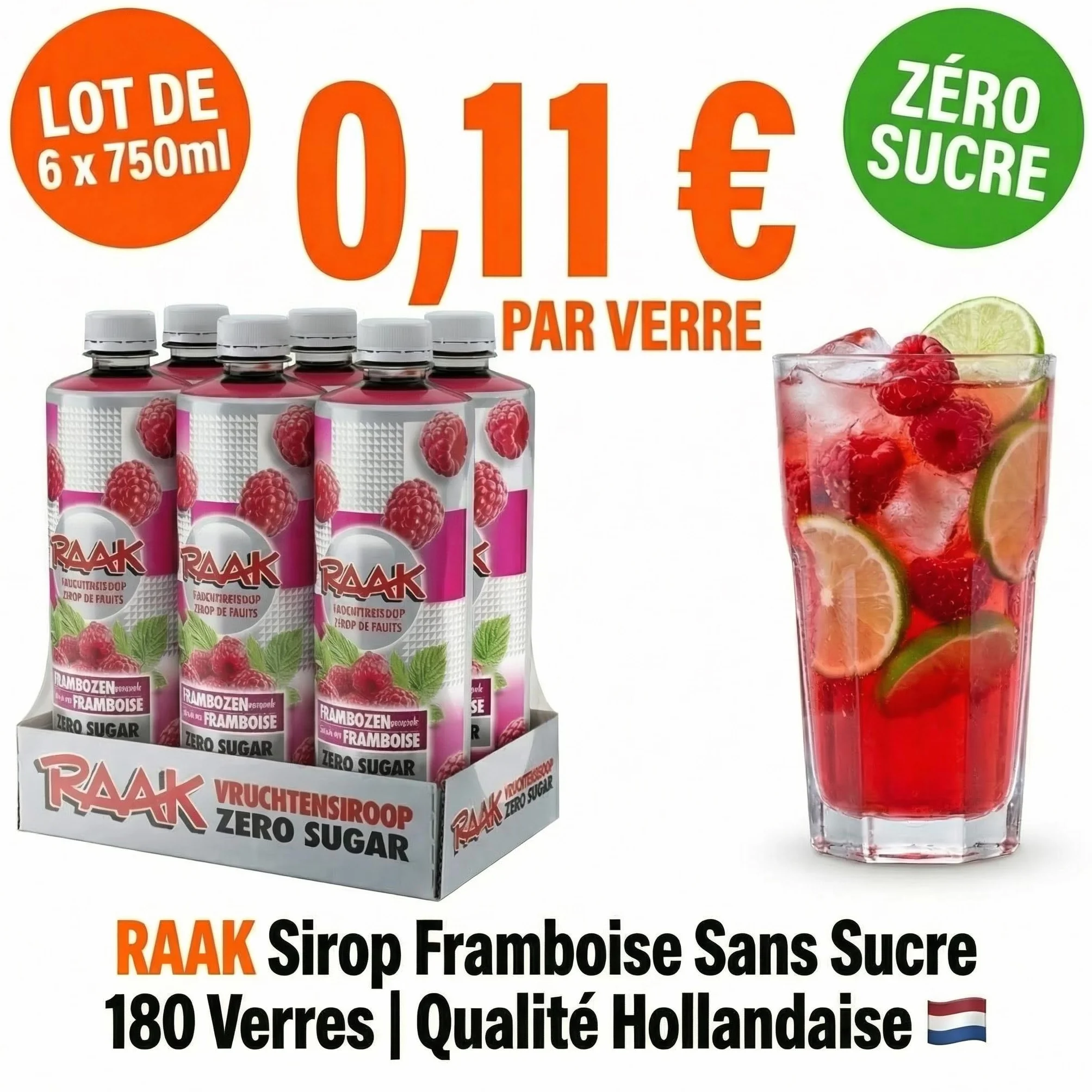 RAAK Sirop Framboise Sans Sucre Pack Familial - 6 bouteilles 750ml - 180 Verres - Édulcorants naturels - Qualité européenne