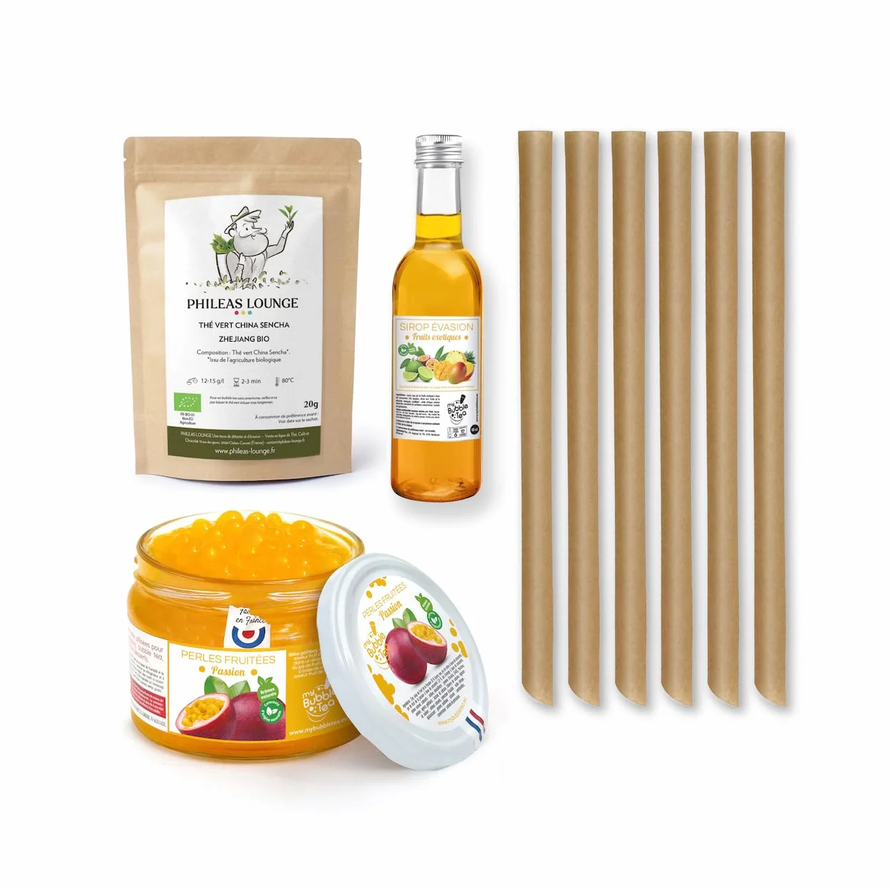 KIT BUBBLE TEA MANGUE - FABRIQUÉ EN FRANCE - 6 BUBBLE TEA - Pailles canne à sucre incluses - Vegan et sans gluten