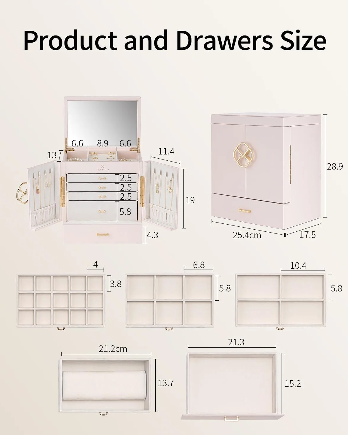 VLANDO Grande boîte à bijoux française 6 niveaux XXL miroir tiroirs rangement pour boucles d'oreilles colliers Rose