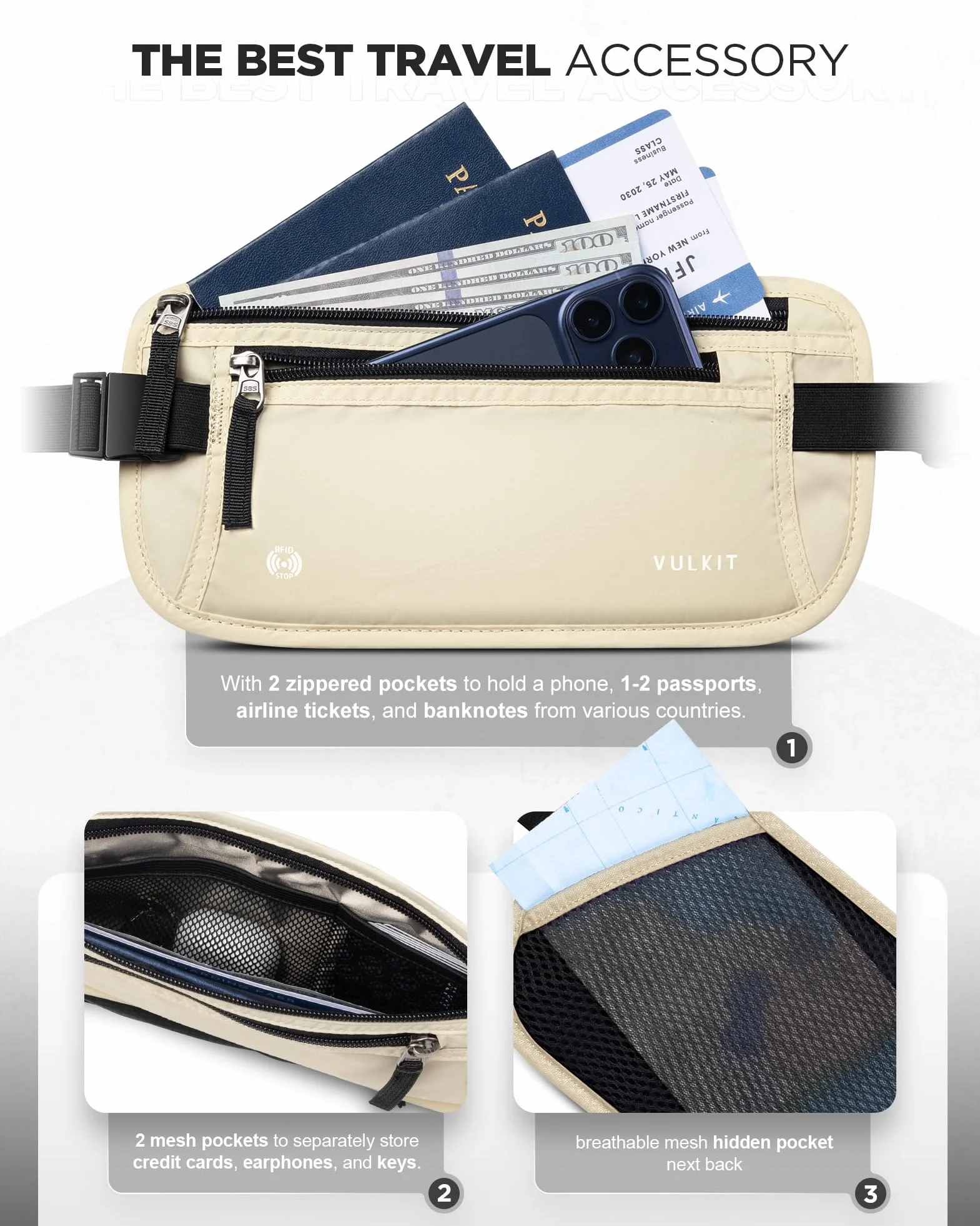 VULKIT Banane de Voyage Anti-Vol RFID Blocage Pochette Passeport Blanc Crème